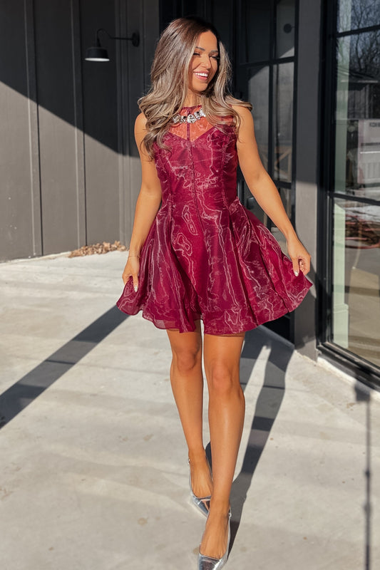 Moriah Maroon Organza Mini Dress