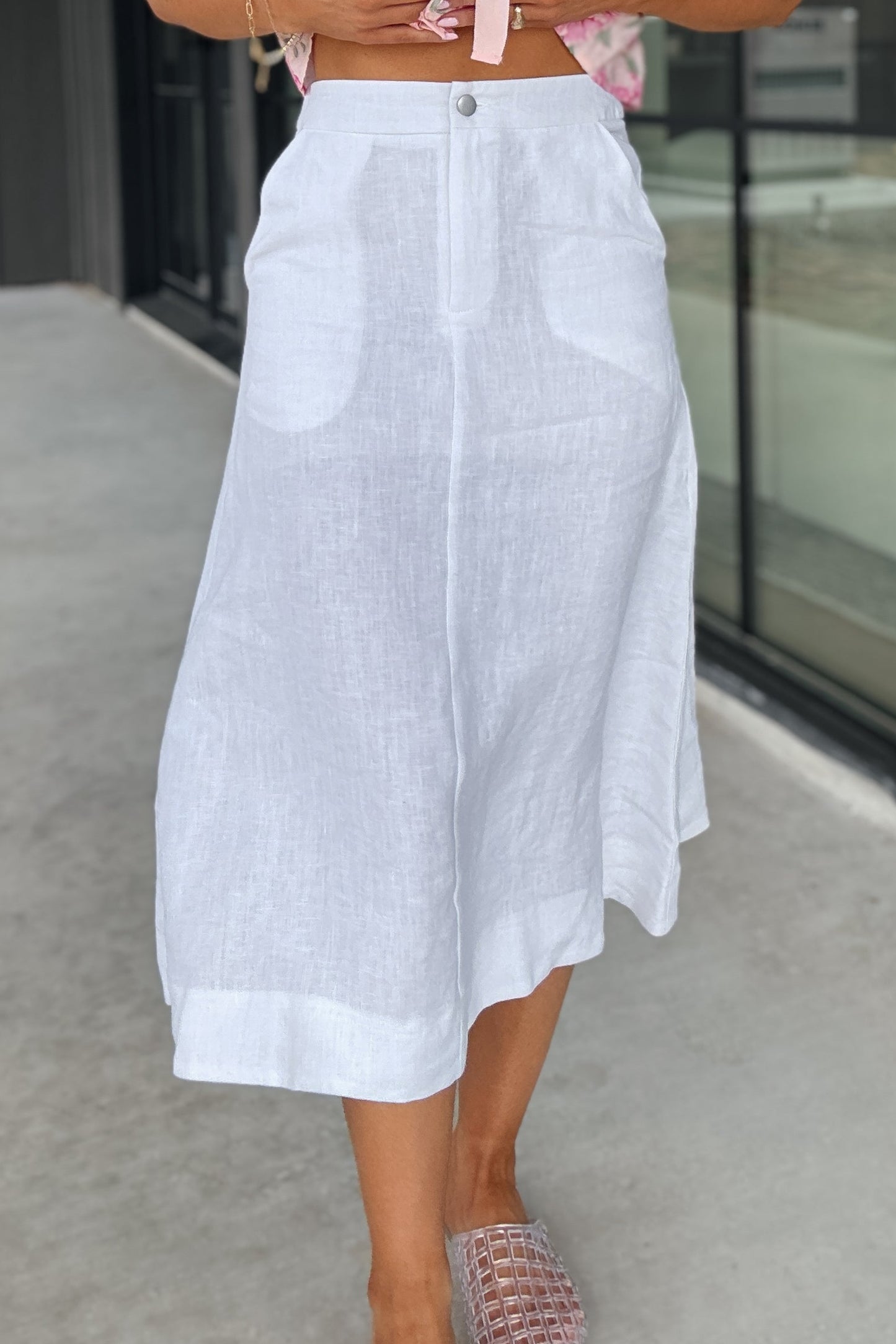 Charlotte White Linen Midi Skirt