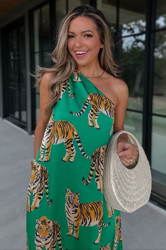 Amaya Green Tiger One Shoulder Maxi Dress