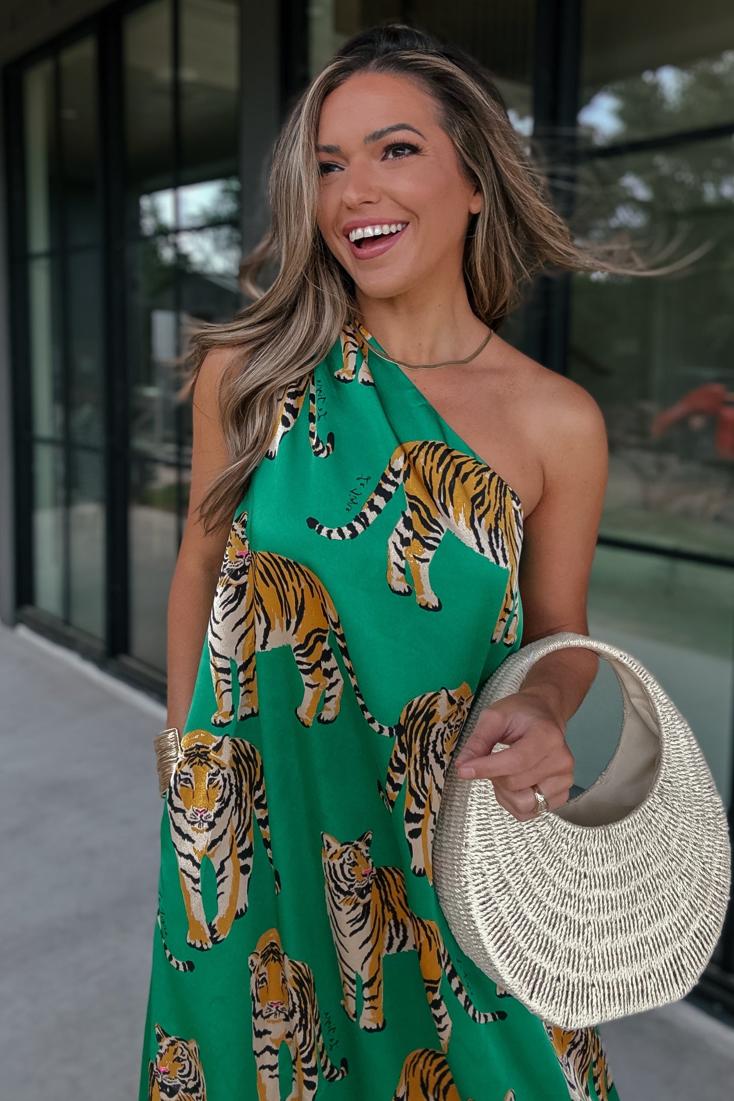 Amaya Green Tiger One Shoulder Maxi Dress