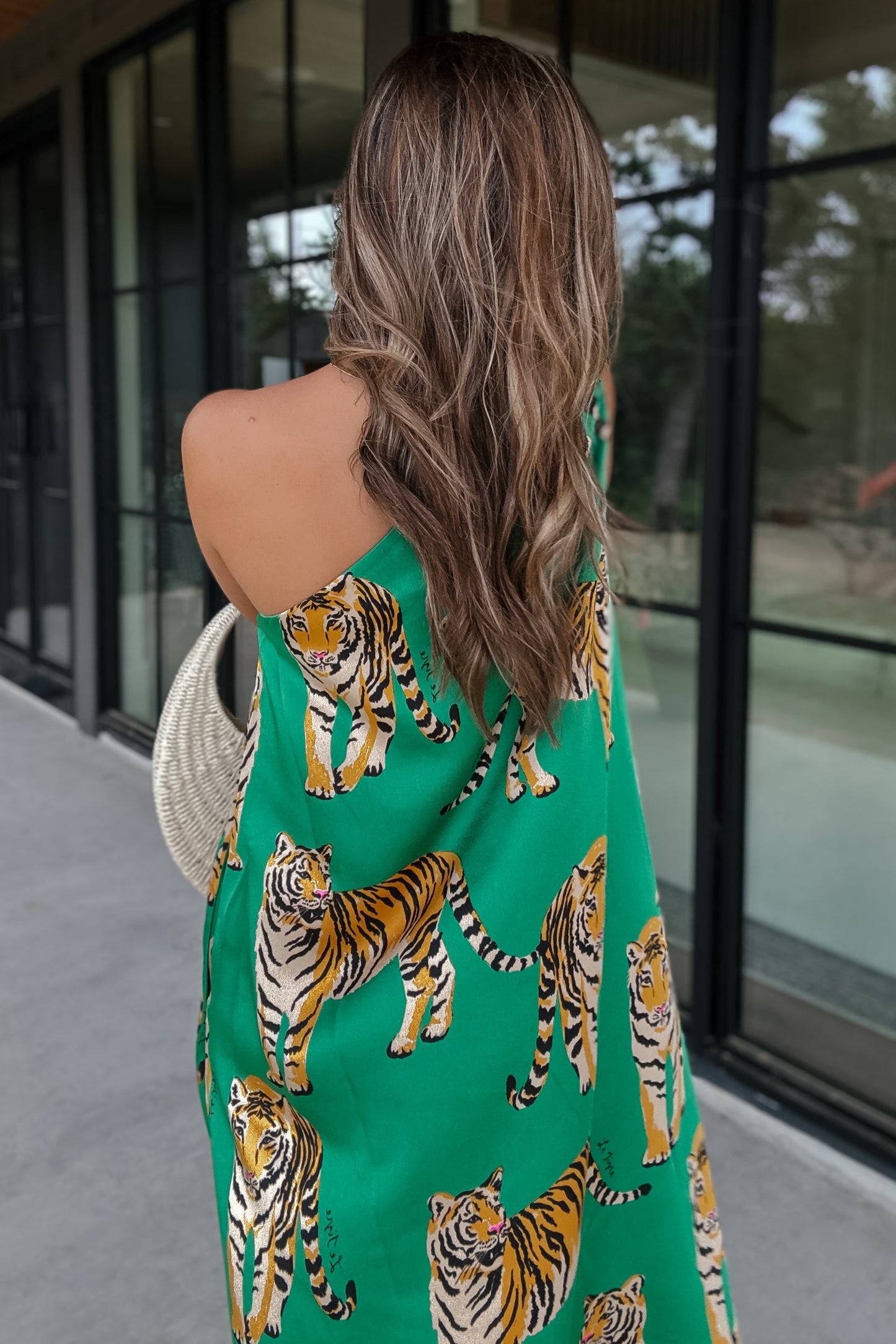 Amaya Green Tiger One Shoulder Maxi Dress