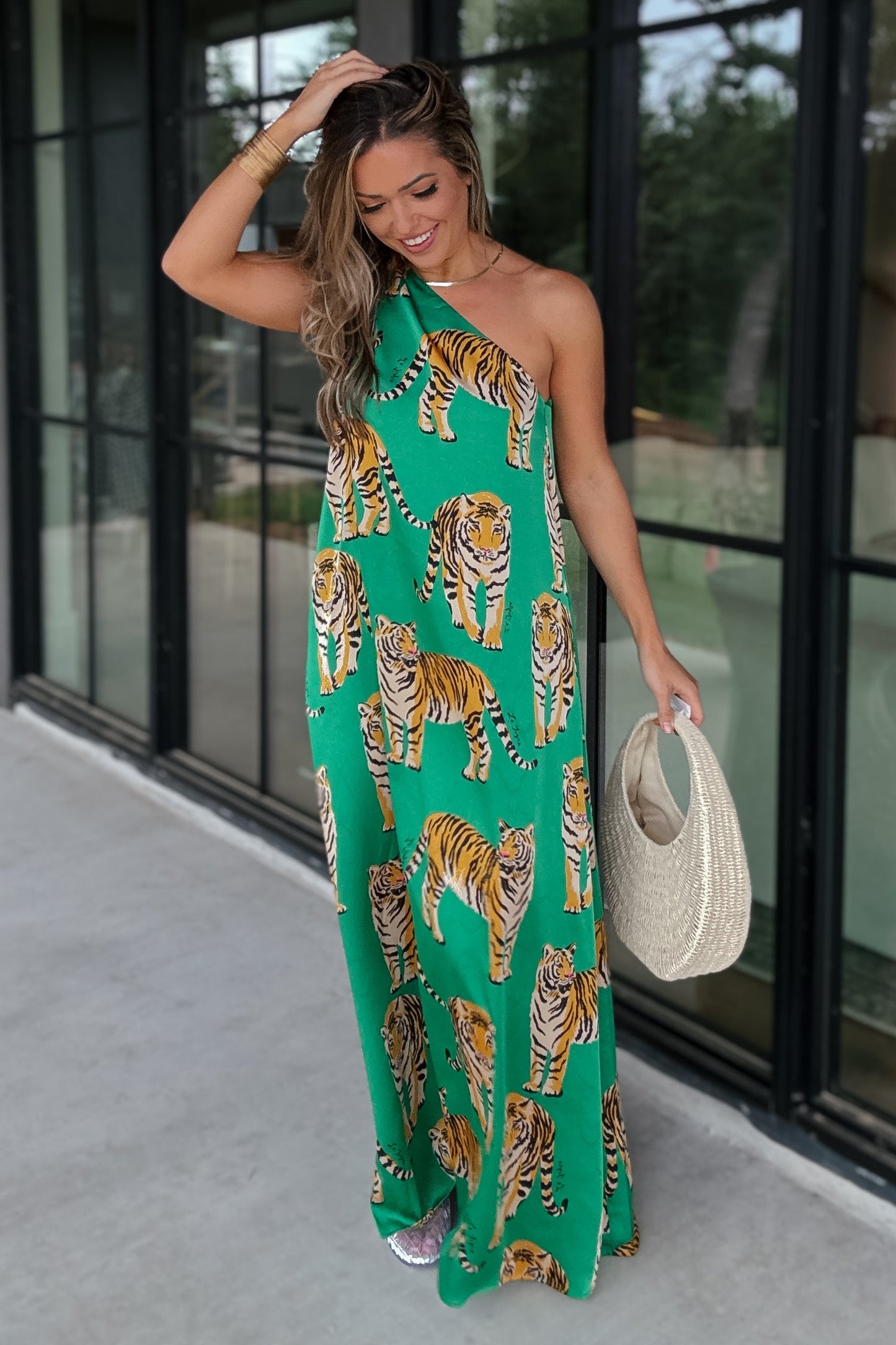 Amaya Green Tiger One Shoulder Maxi Dress