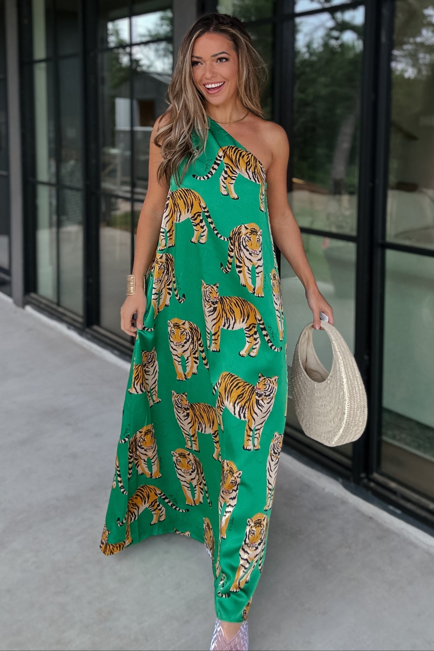 Amaya Green Tiger One Shoulder Maxi Dress