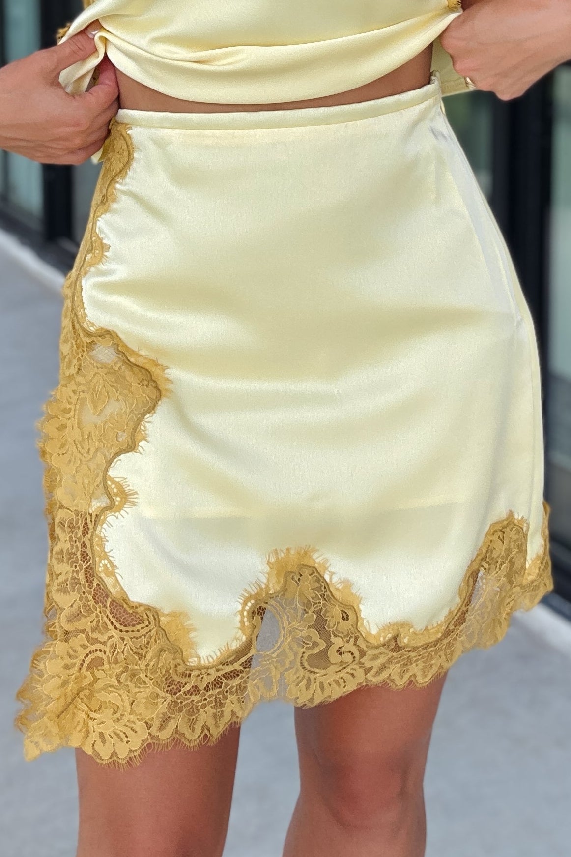 Beckett Gold Satin Lace Mini Skirt