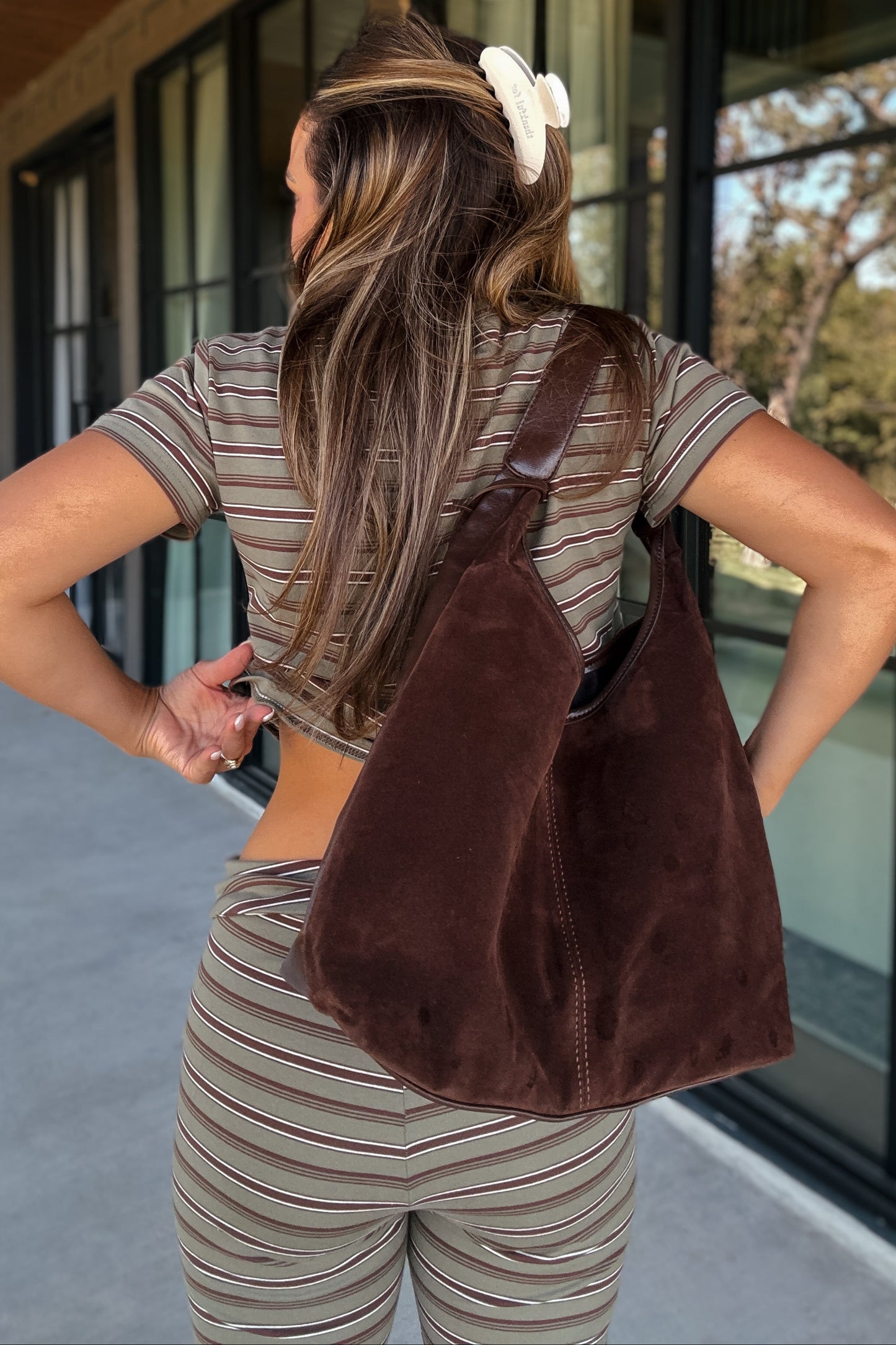 Lauren Olive Green and Brown Striped Pant Set