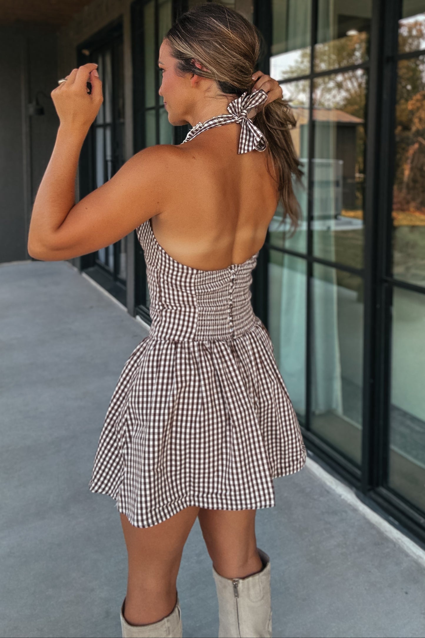 Darcy Brown and White Gingham Halter Dress