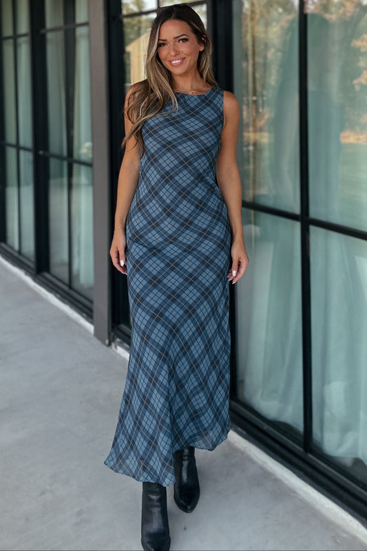 Kara Blue Plaid Maxi Dress