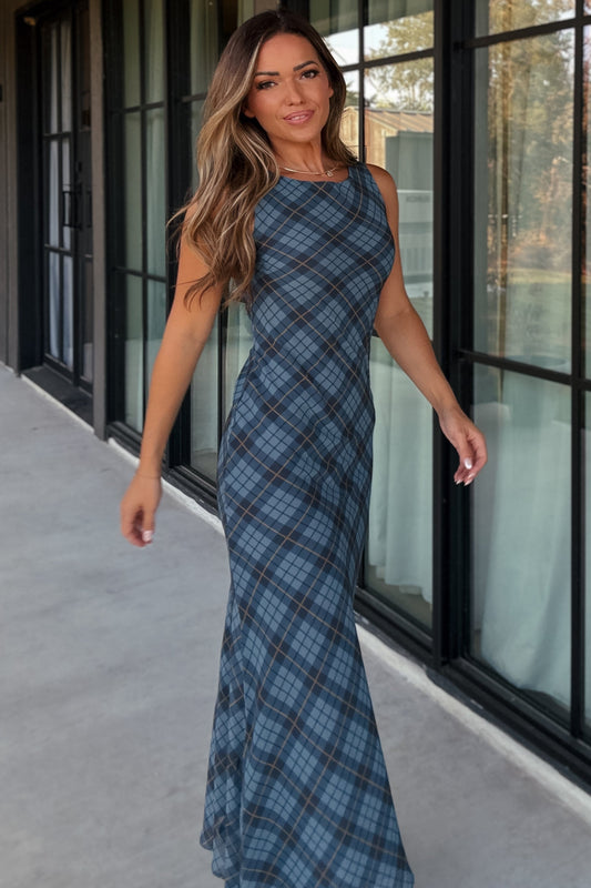 Kara Blue Plaid Maxi Dress