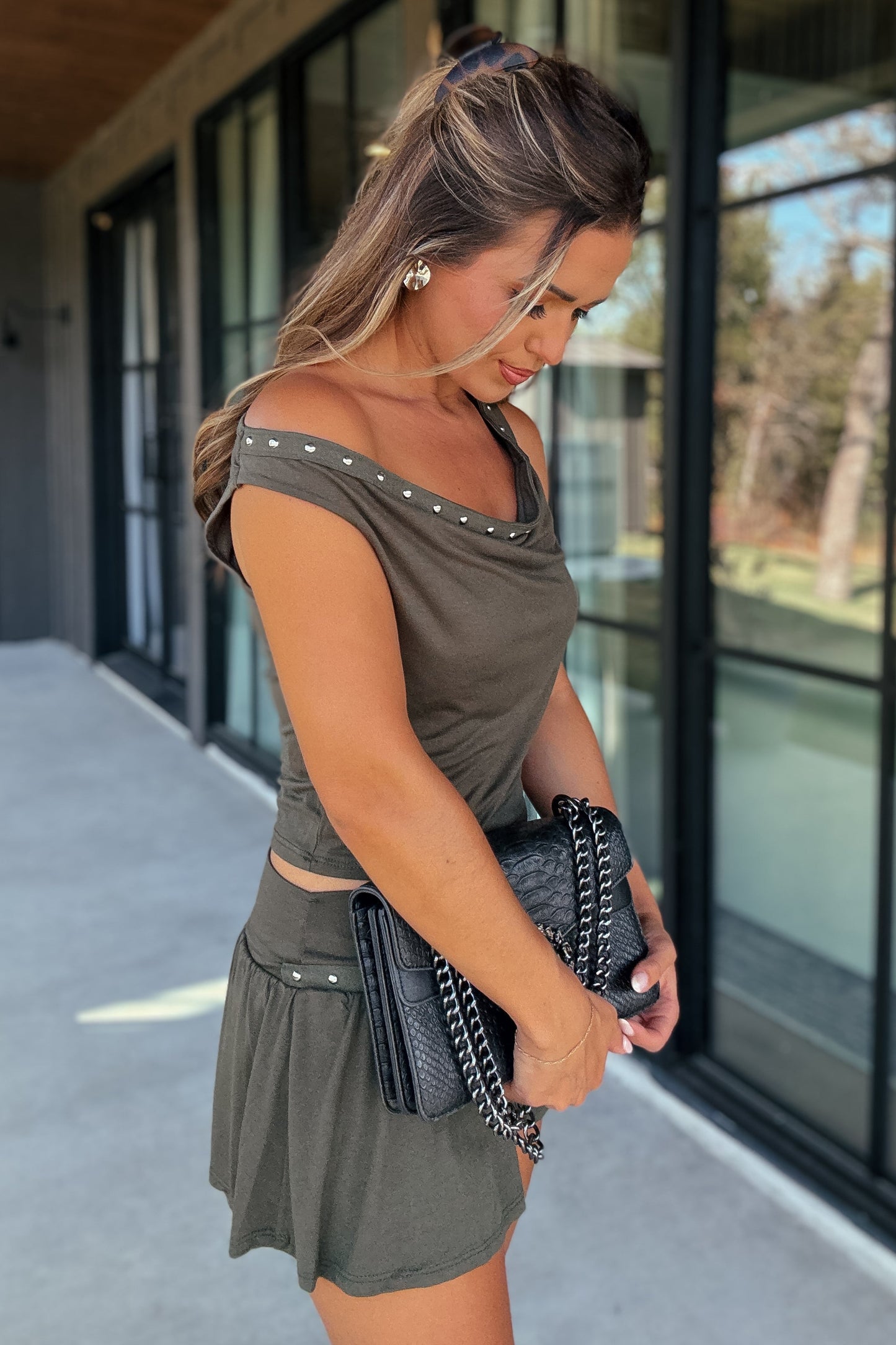 Kristina Olive Studded Skirt Set [PETITE]