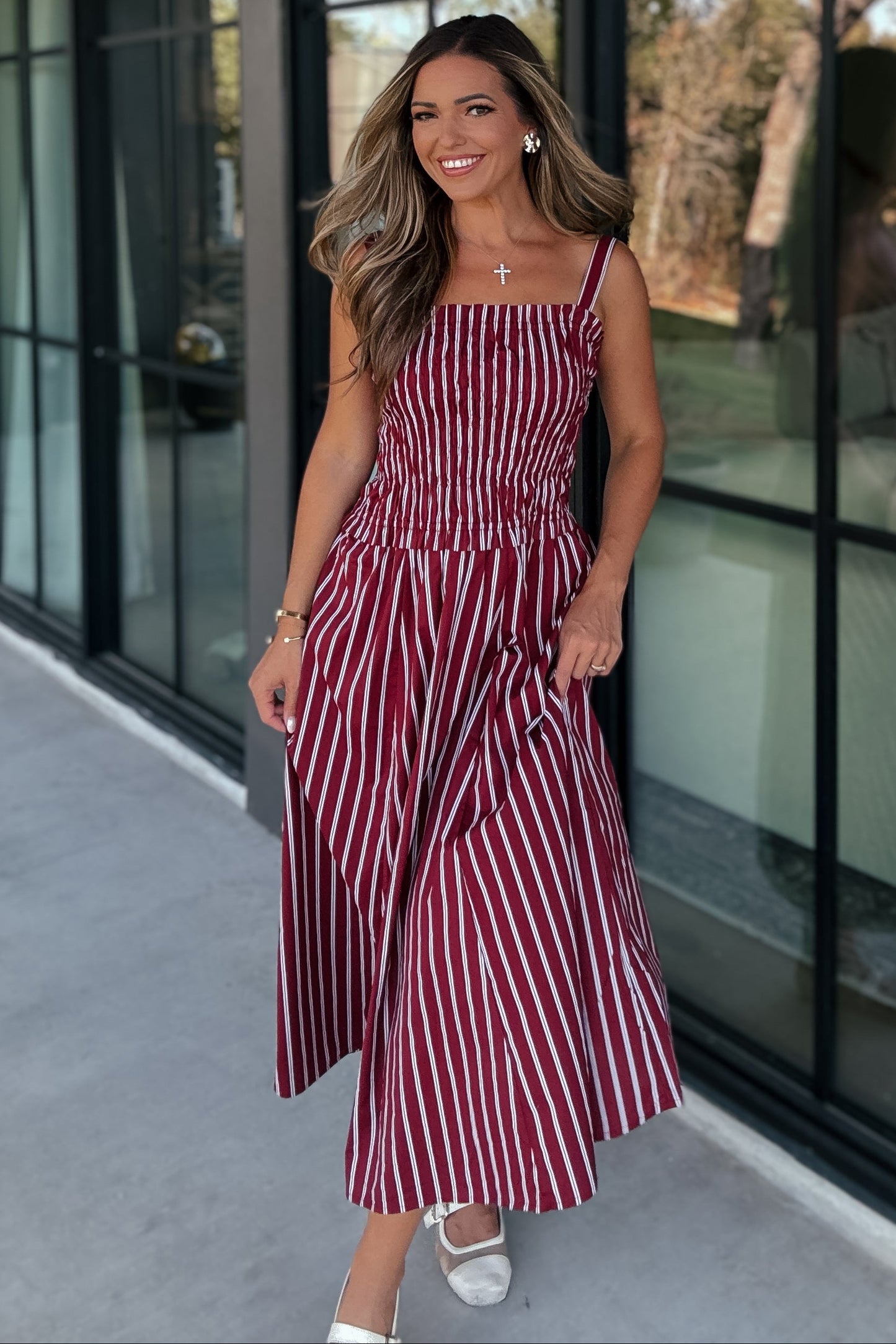 Brooke Maroon and White Striped Maxi Dress