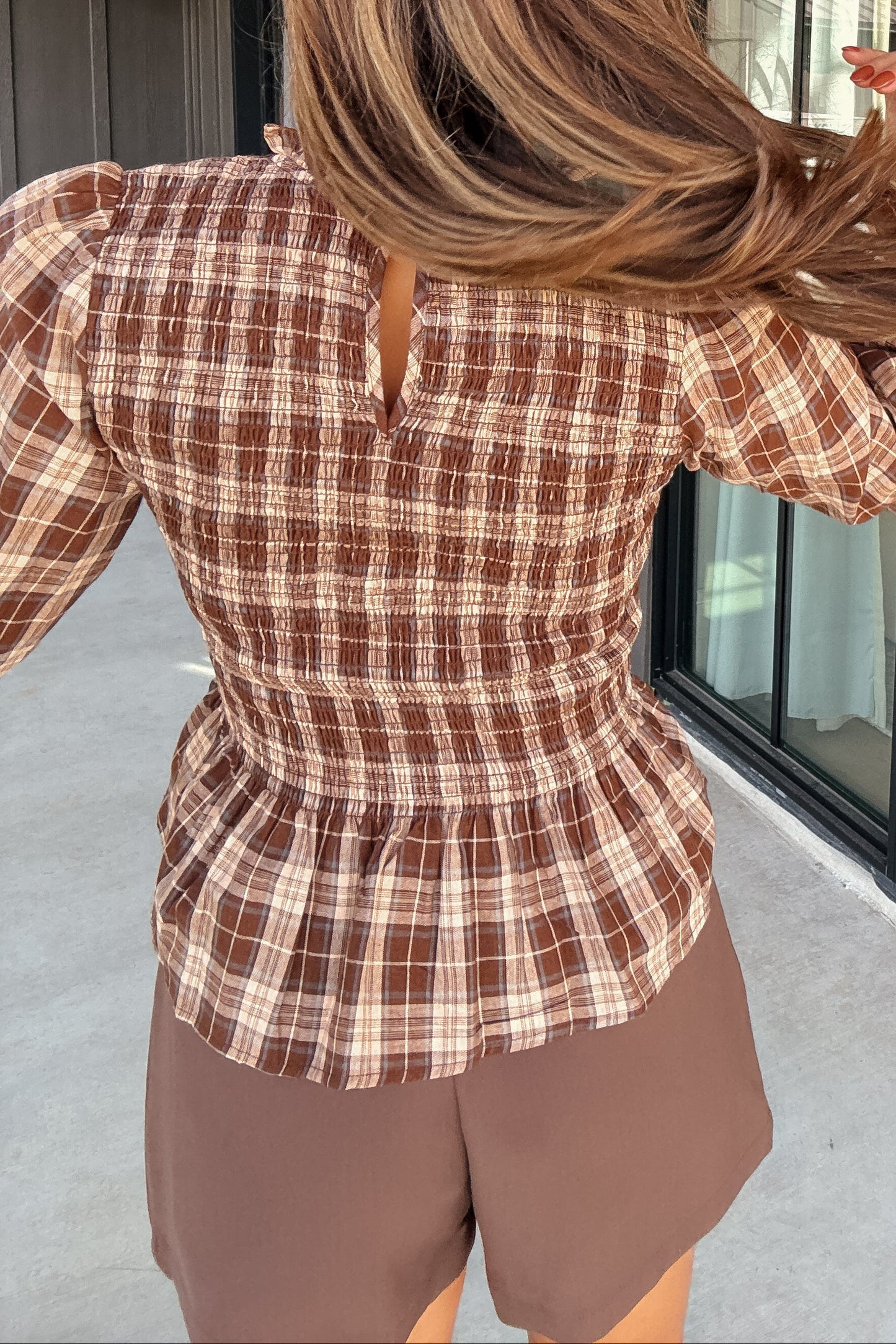 Maren Brown Plaid Smocked Long Sleeve Top