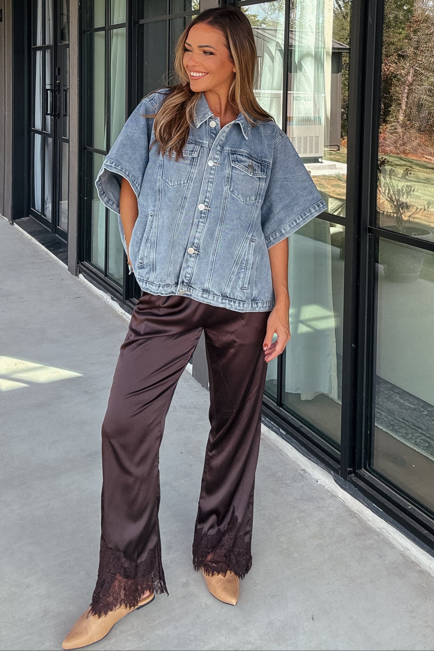 Callen Brown Satin Lace-Trim Pants