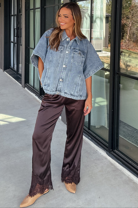 Callen Brown Satin Lace-Trim Pants