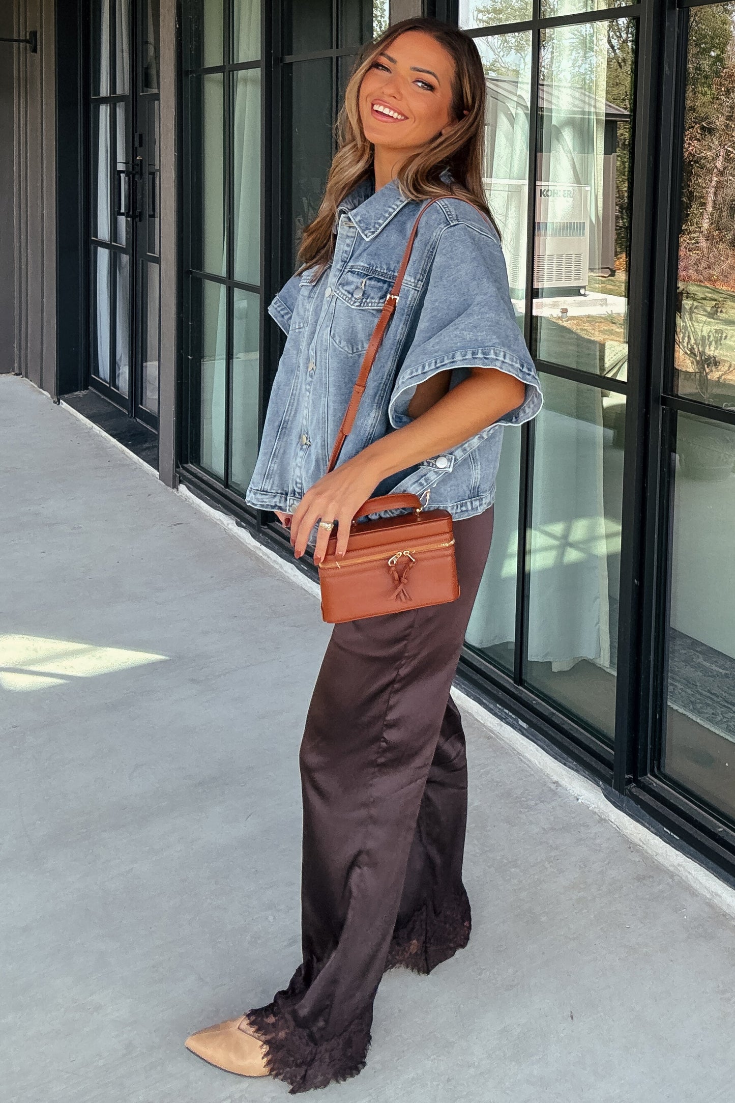 Callen Brown Satin Lace-Trim Pants