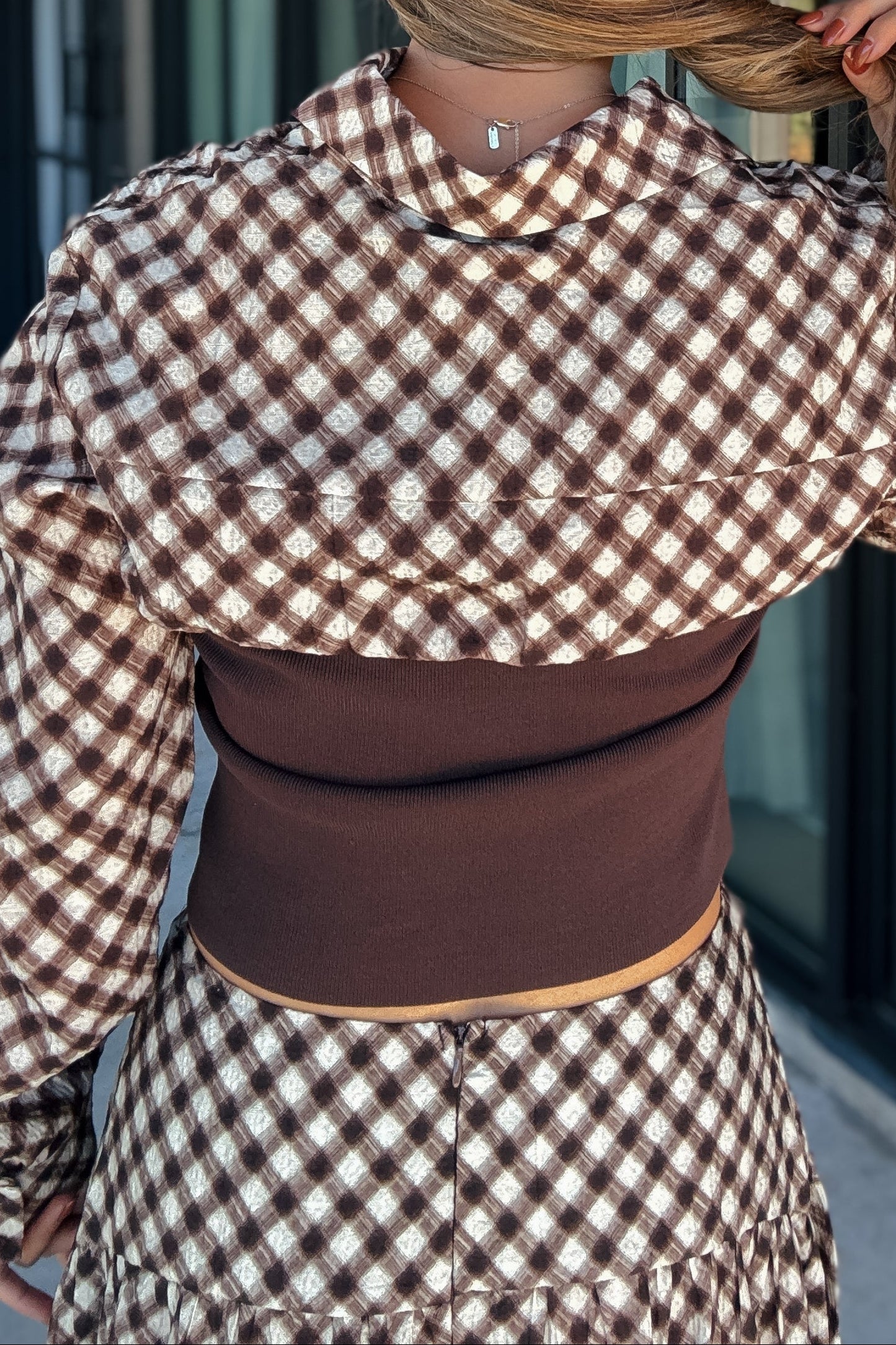 Charlie Brown Plaid Mixed Media Collared Top
