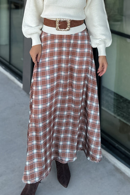 Madison Spice Plaid Satin Maxi Skirt