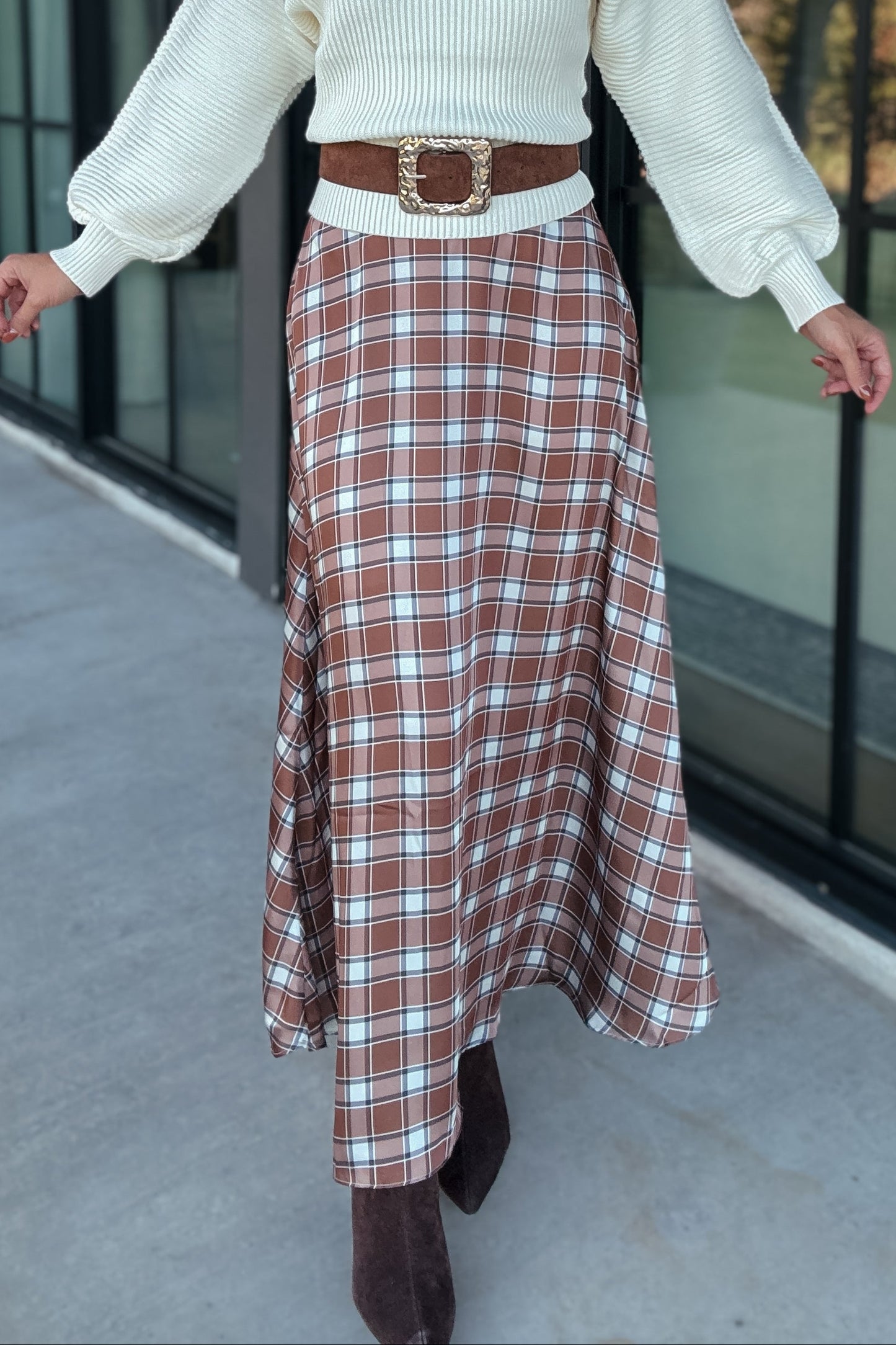 Madison Spice Plaid Satin Maxi Skirt