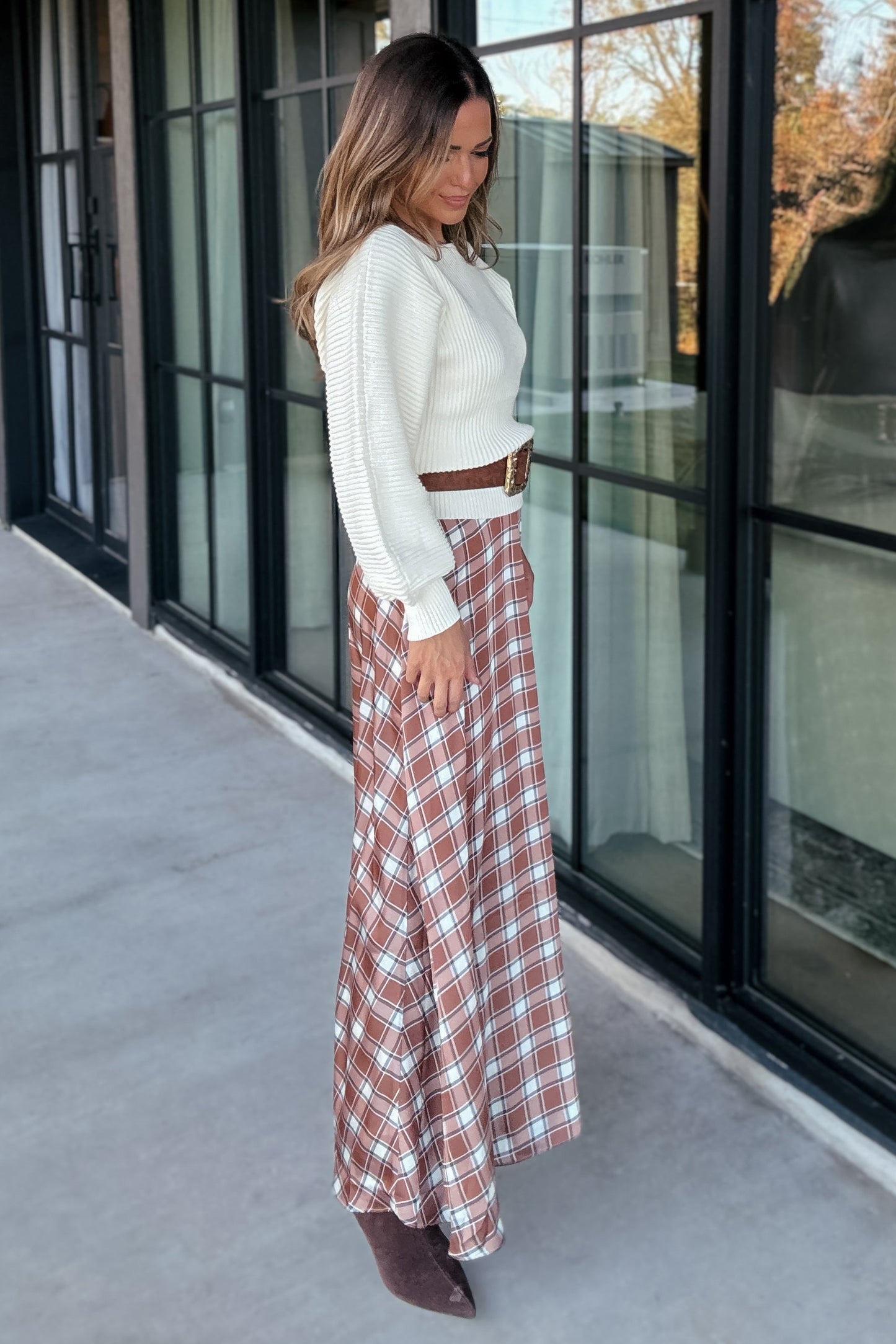 Madison Spice Plaid Satin Maxi Skirt