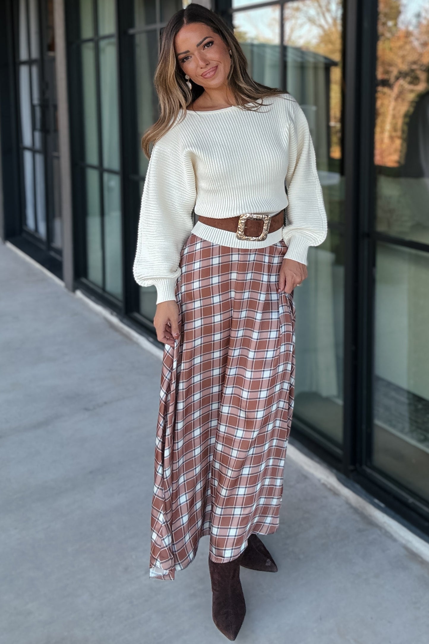 Madison Spice Plaid Satin Maxi Skirt