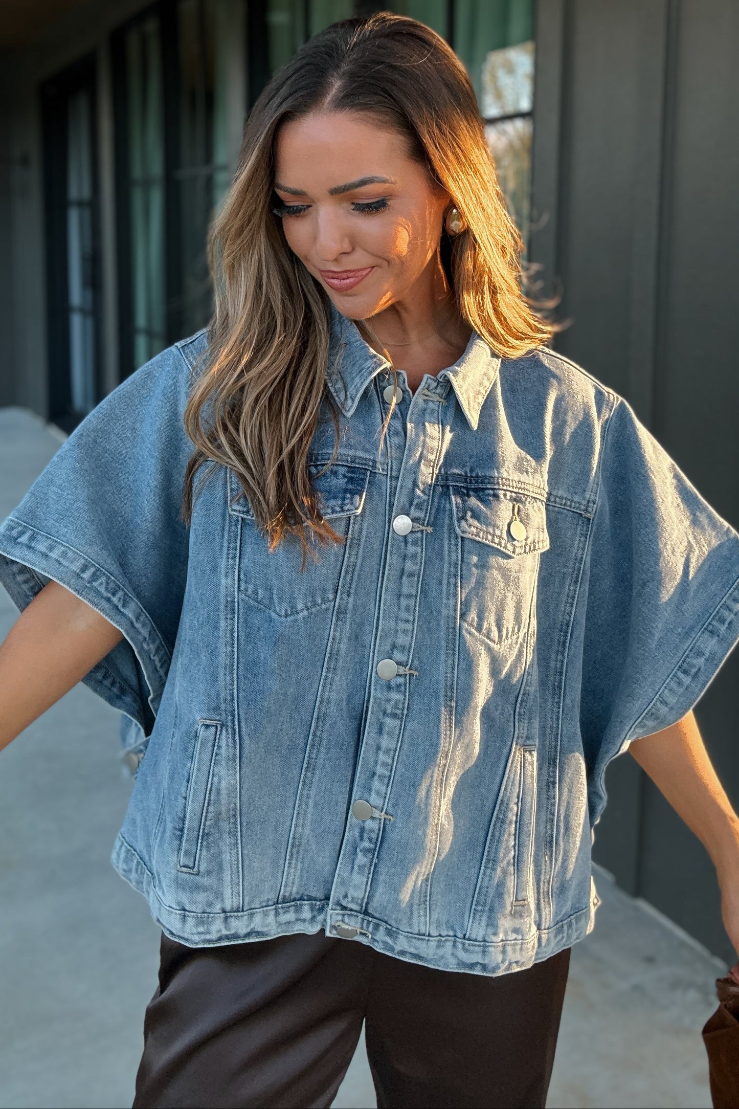 Parker Denim Button Down Cape Top
