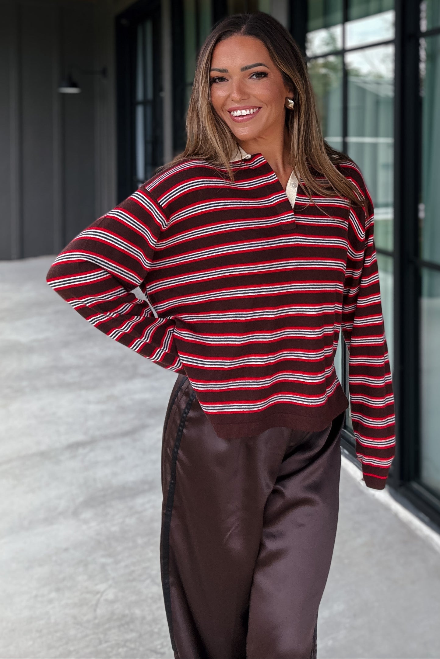Brown and Red Striped Rugby Long Sleeve