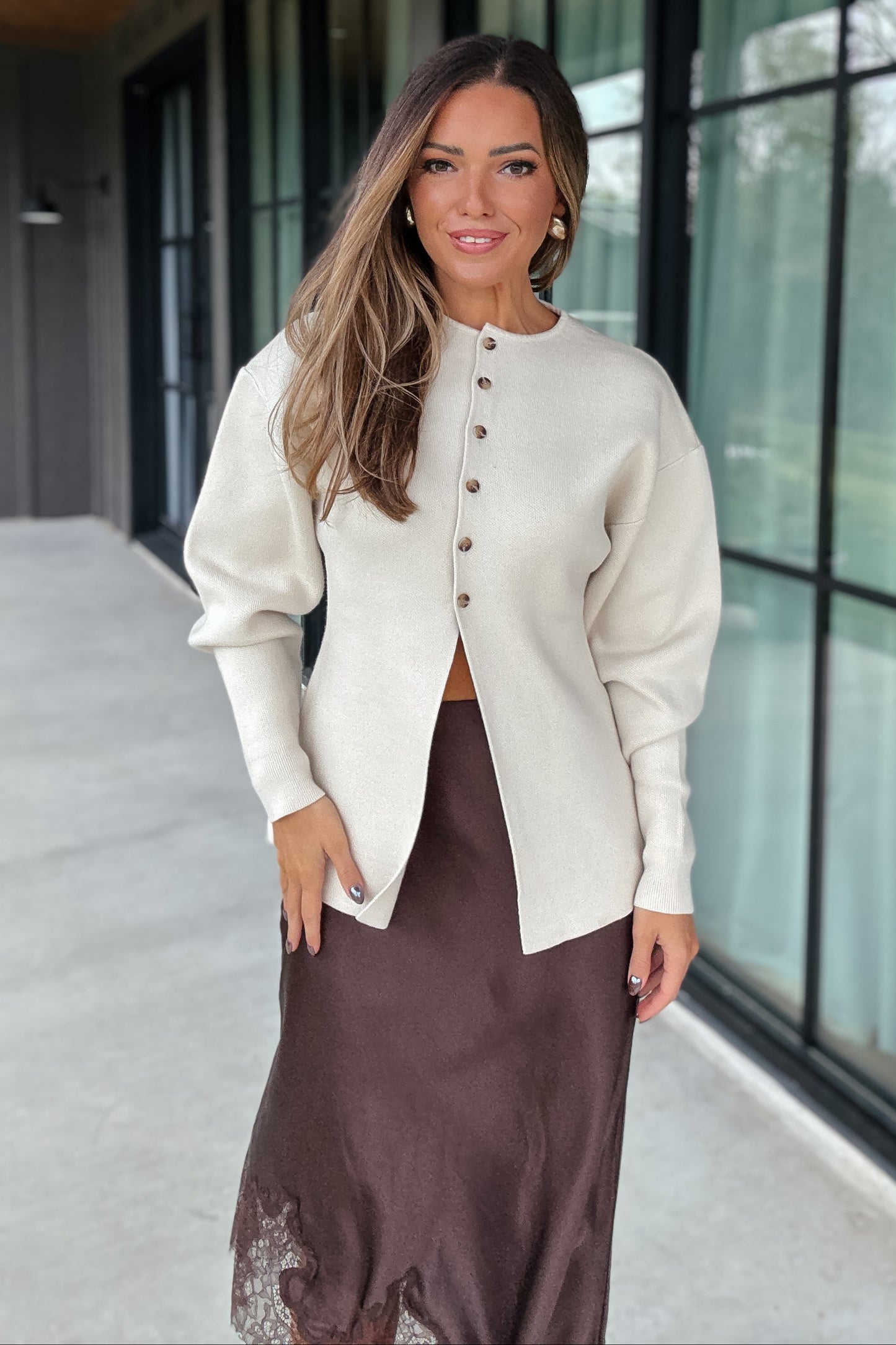 Tara Cream Lace Asymmetrical Skirt | Brown