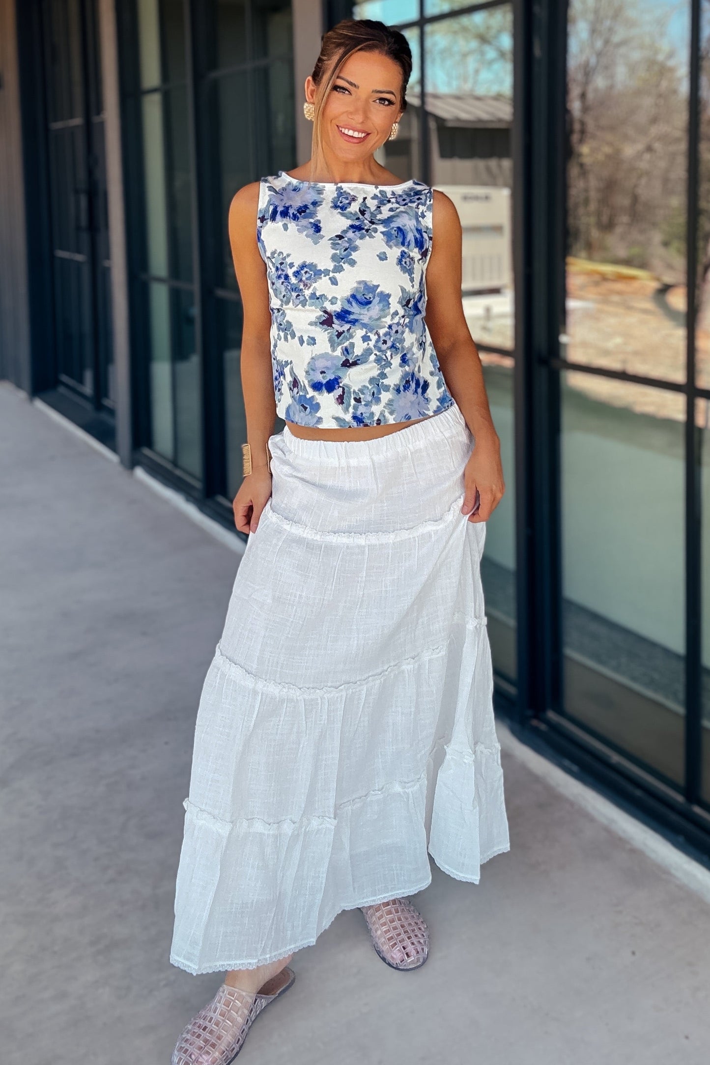 Maribel Blue Floral Open-back Top