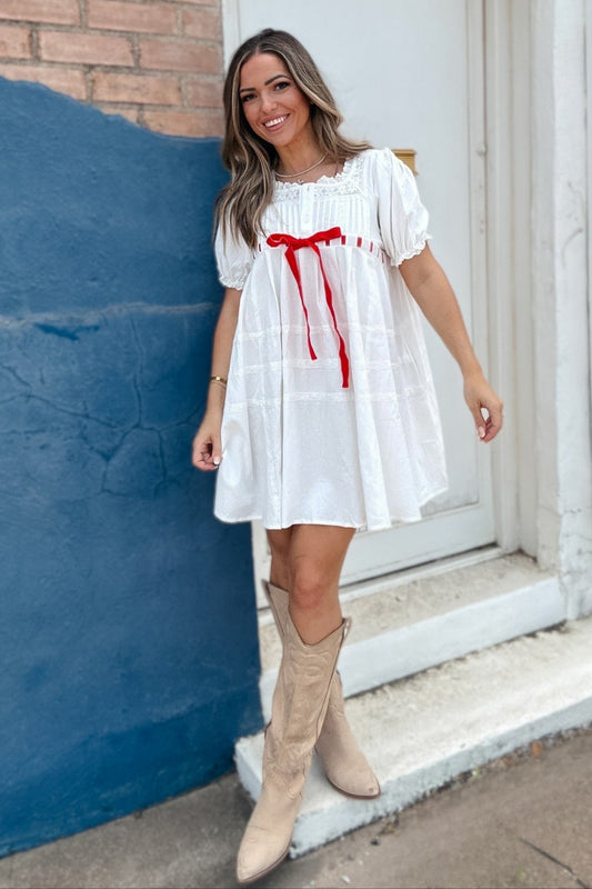 Katie Red Ribbon White Babydoll Dress