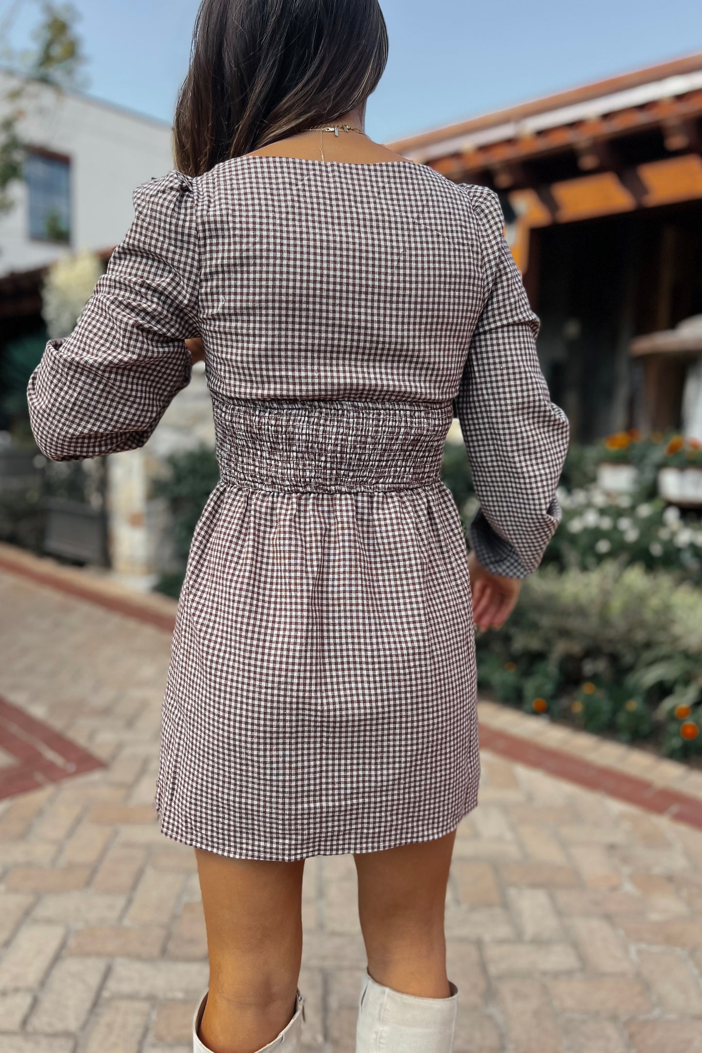 Jenna Brown Plaid Long Sleeve Mini Dress