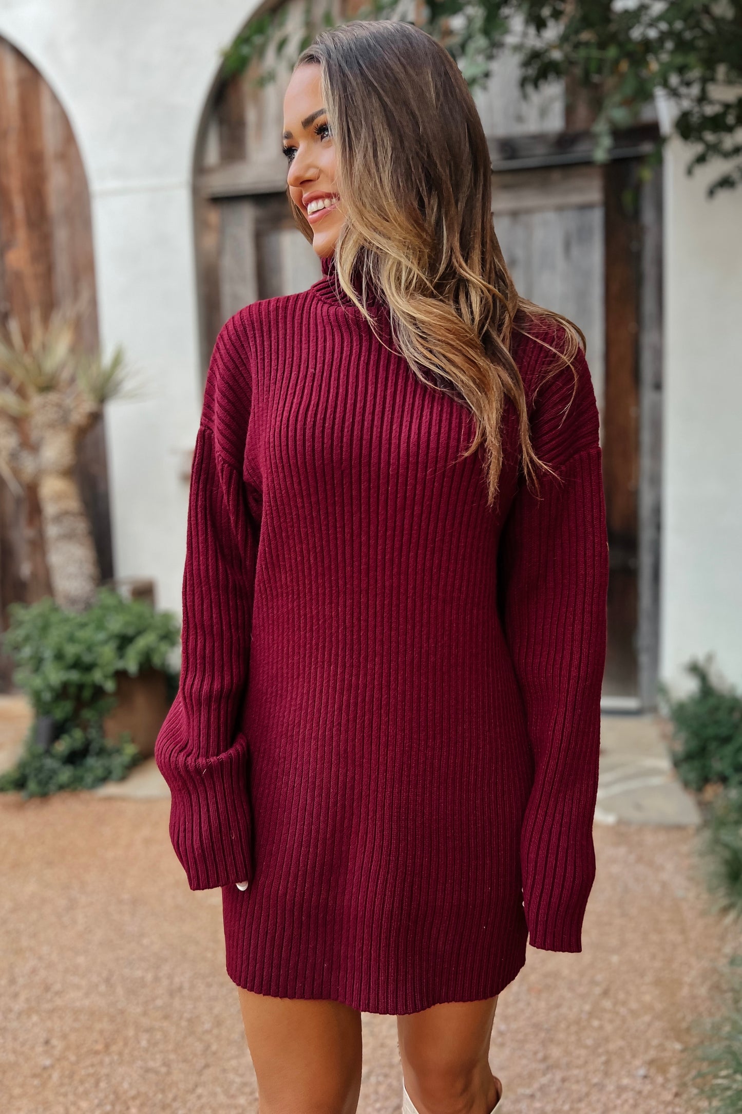 Kylie Maroon Cable Knit Sweater Dress