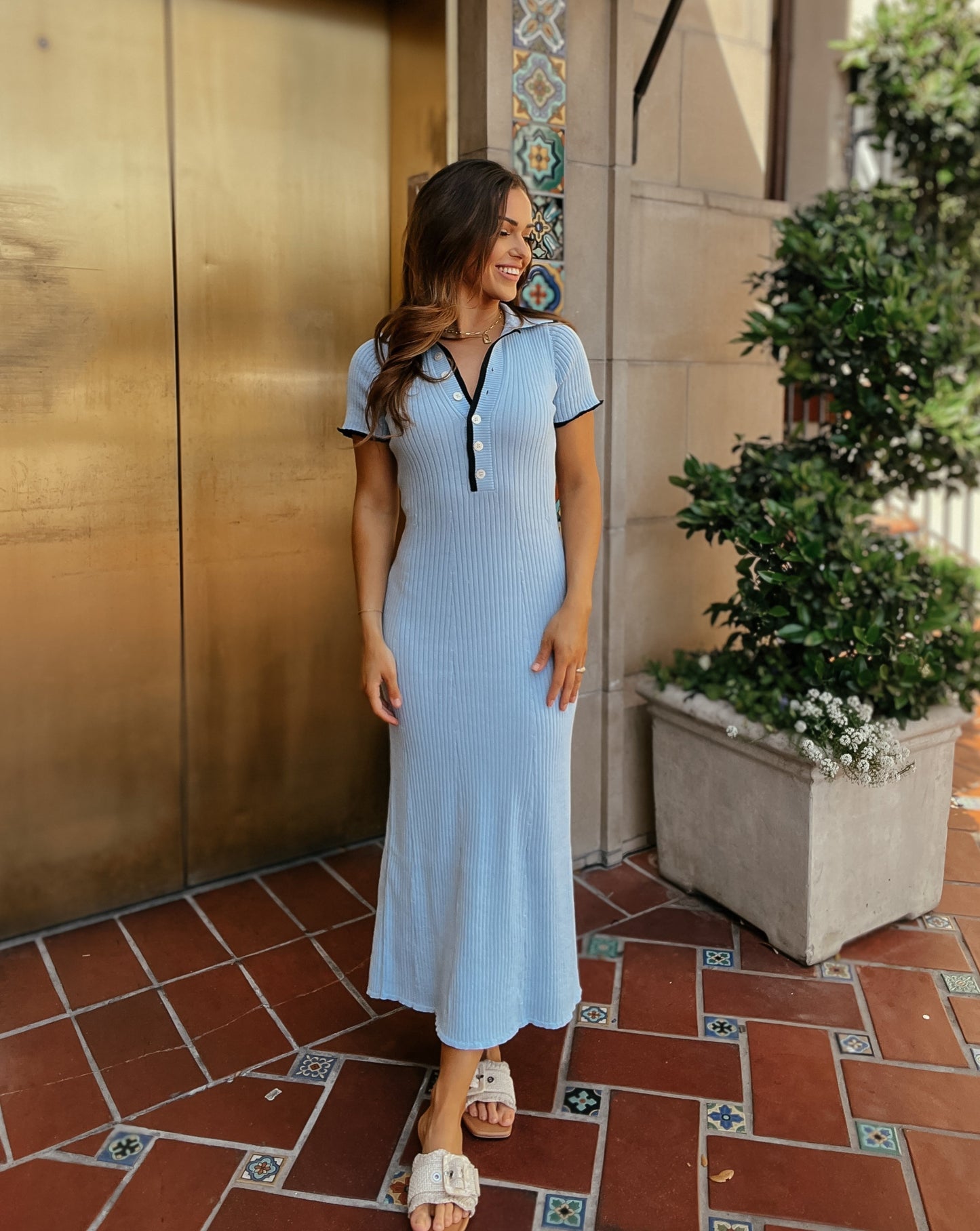 Ryan Baby Blue Collar Knit Midi Dress