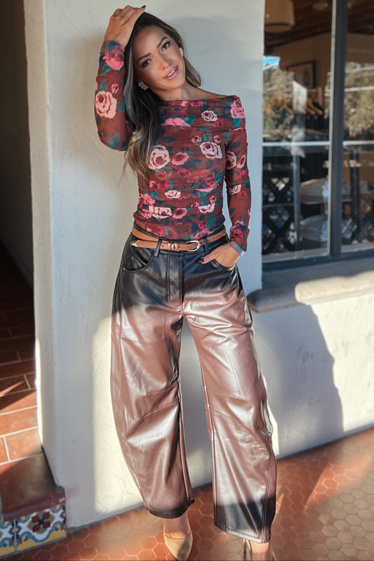 Collins Chocolate Brown Faux Leather Barrel Pants