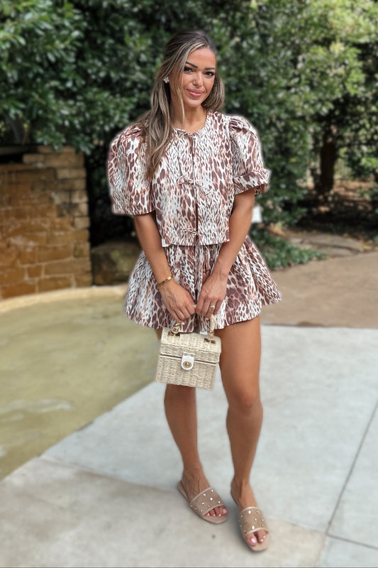 Wild Palmetto Leopard Puff Sleeve Tie Top