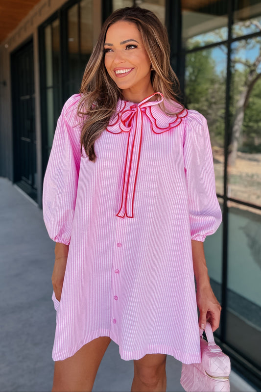 Cora Pink Pinstripe Puff Sleeve Dress