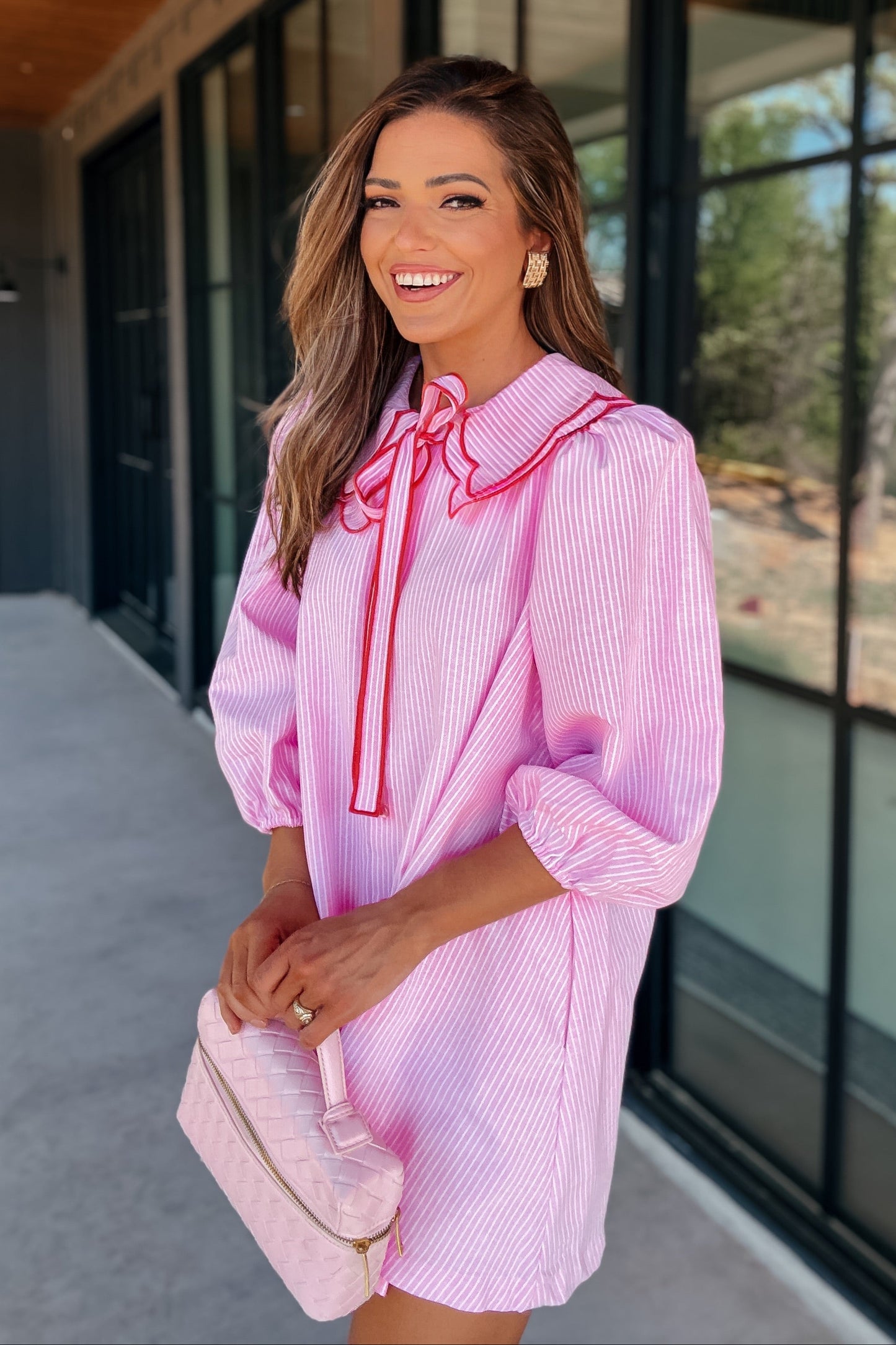 Cora Pink Pinstripe Puff Sleeve Dress