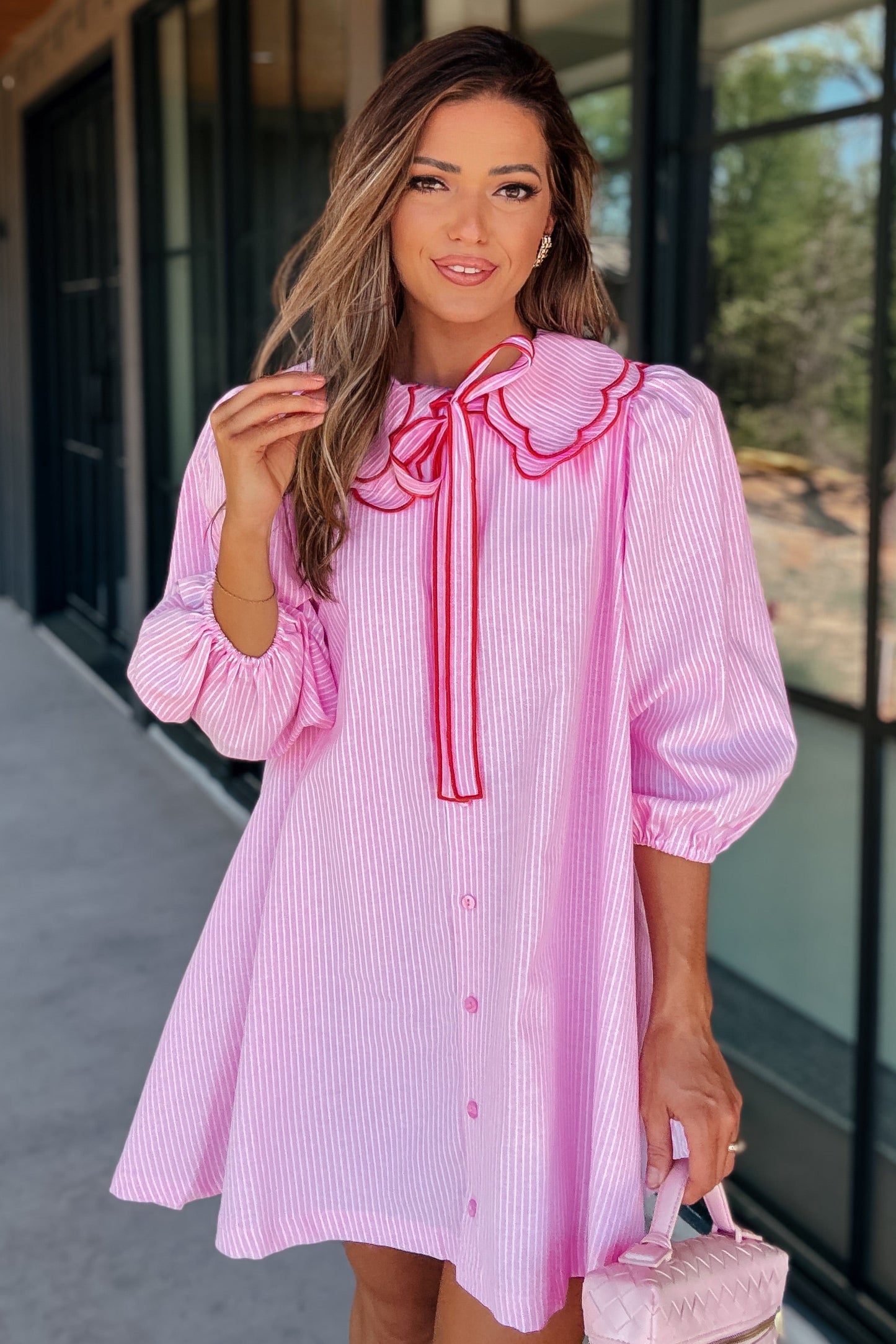 Cora Pink Pinstripe Puff Sleeve Dress