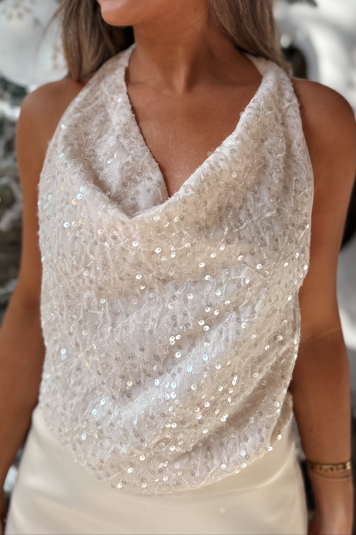 Skye White Sequin Halter Tie Top