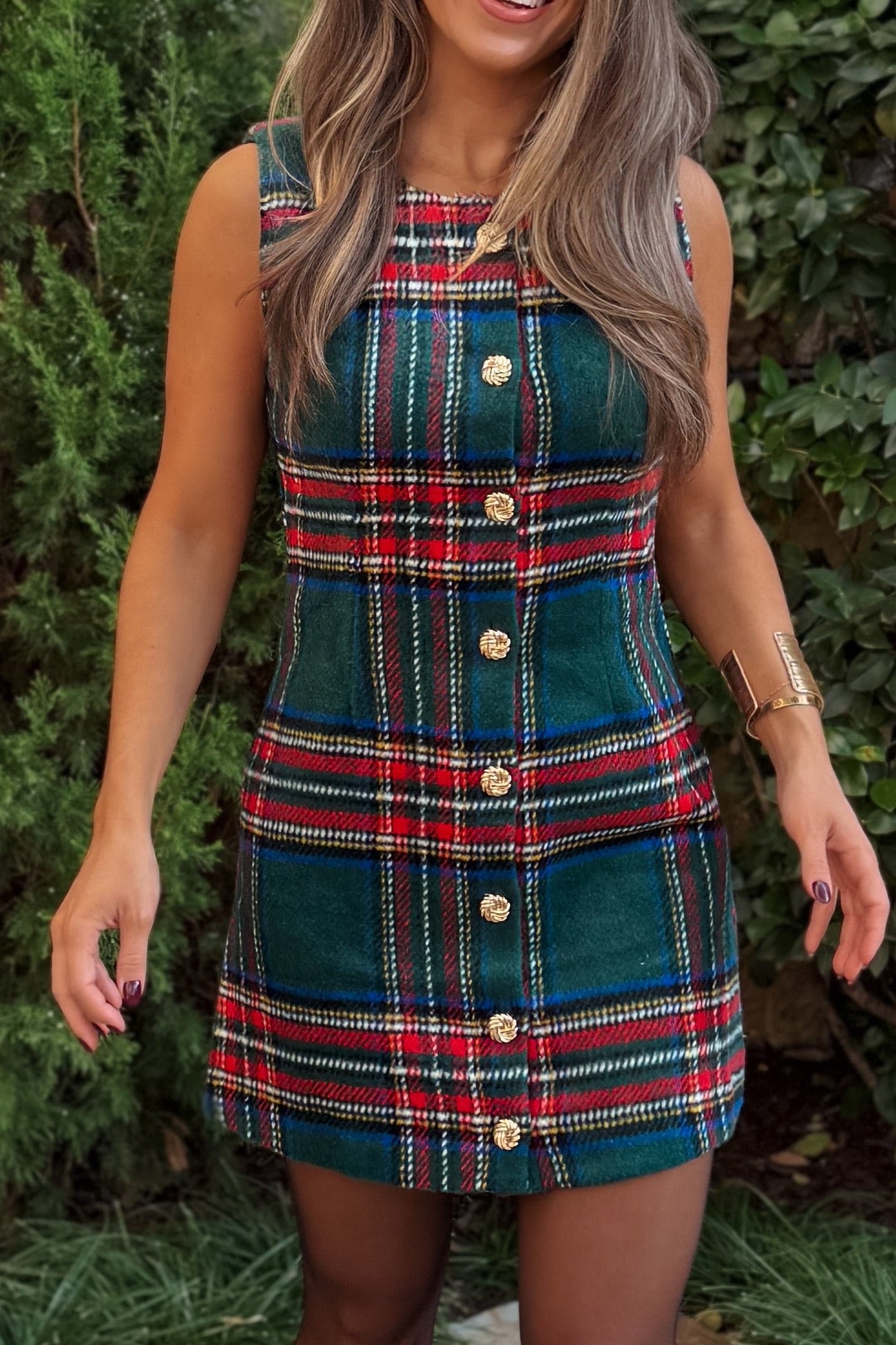 Lottie Green Plaid Gold Button Dress
