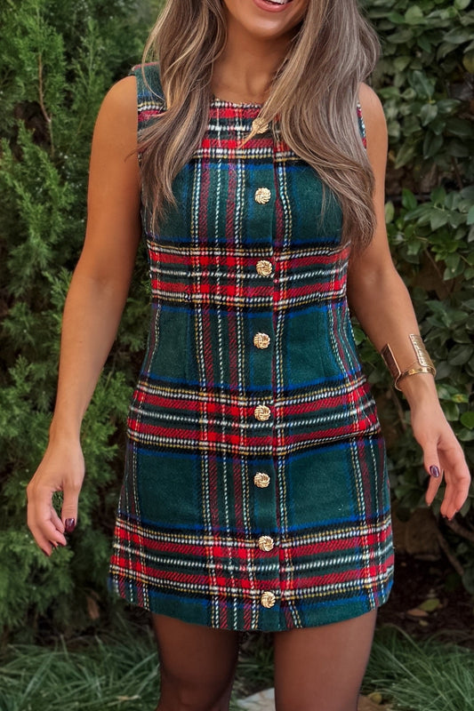 Lottie Green Plaid Gold Button Dress