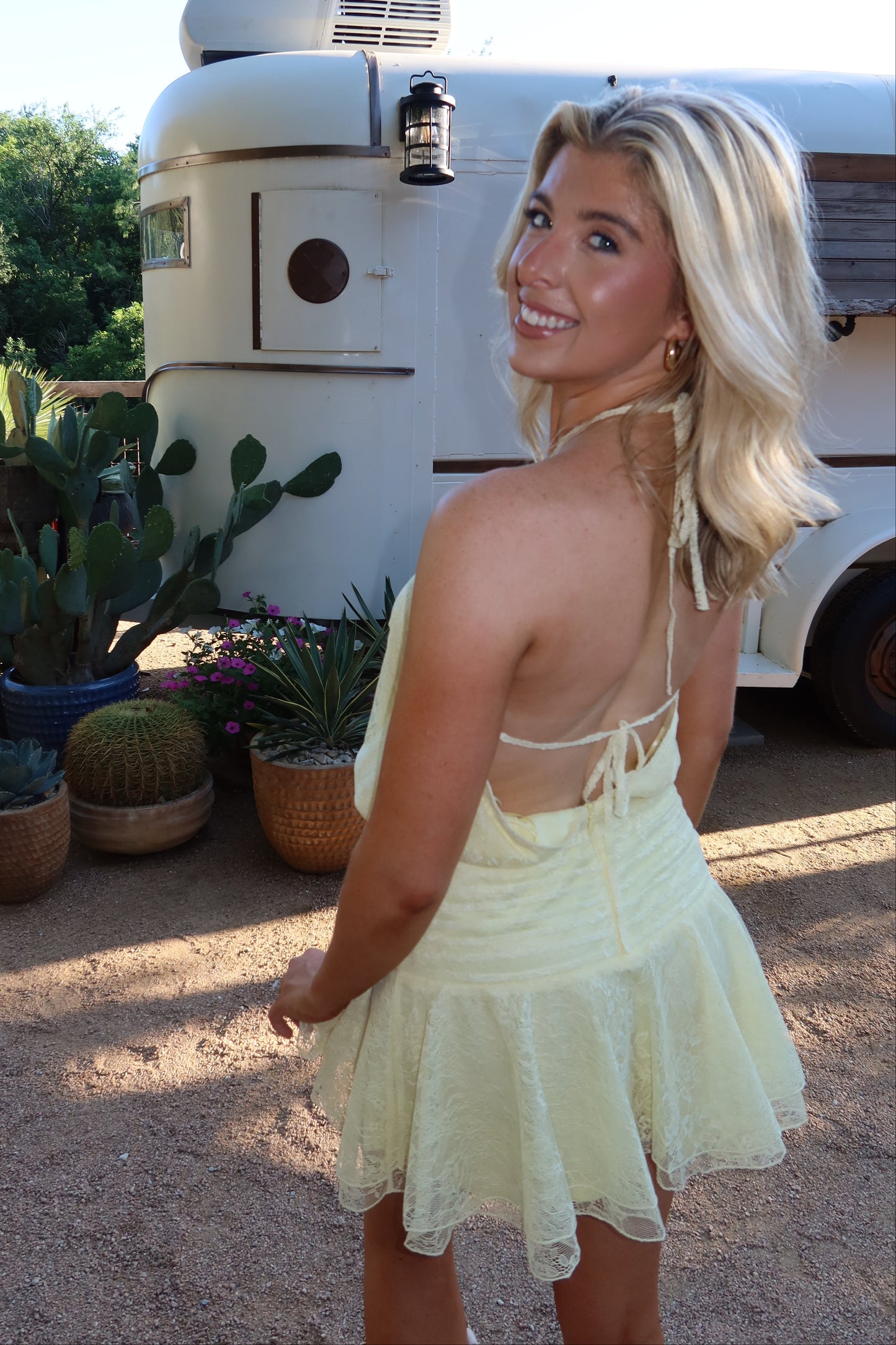 Rayney Butter Yellow Lace Backless Mini Dress