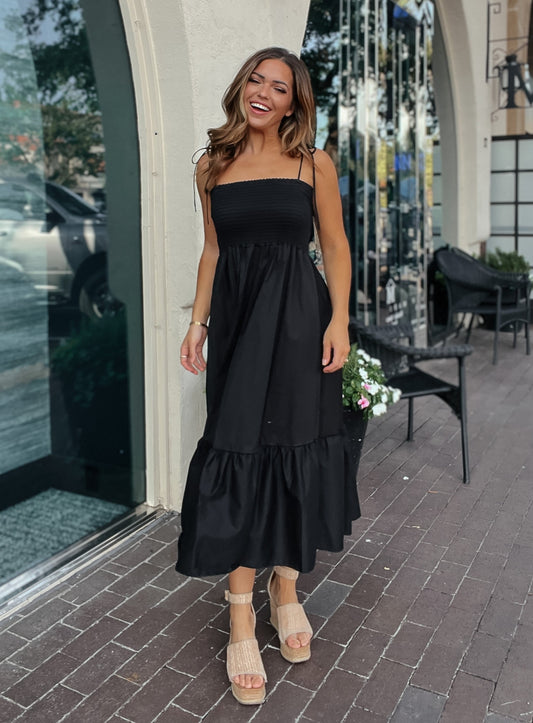 Blakely Black Smocked Midi Dress