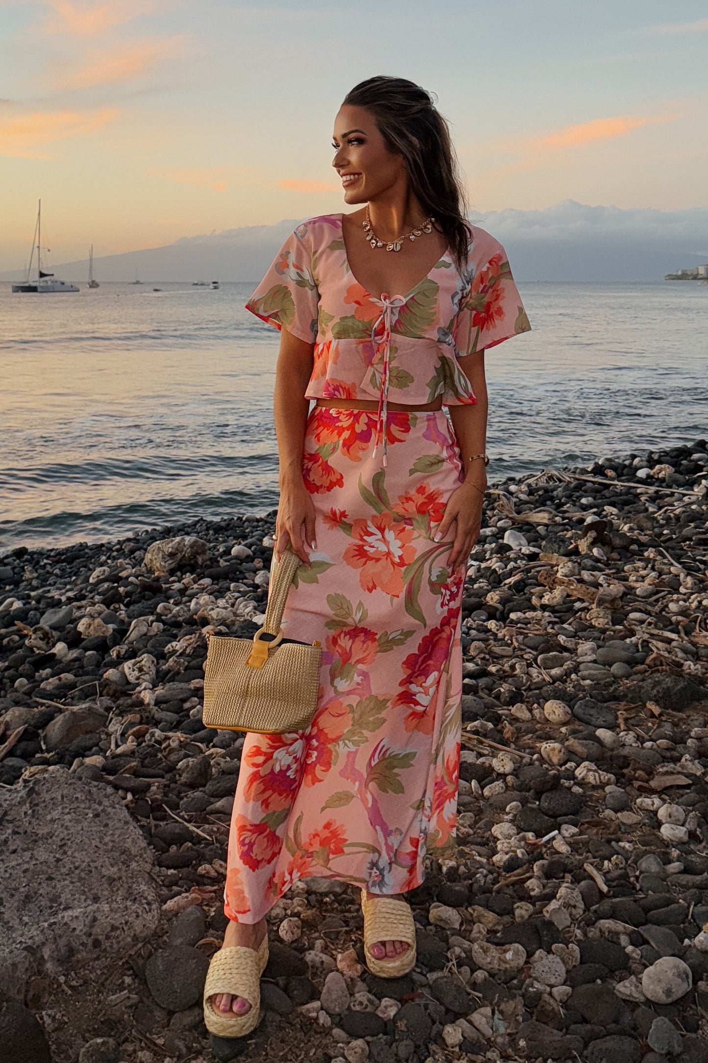 Hawaiian Floral Pink and Coral Maxi Skirt and Tie Top Set