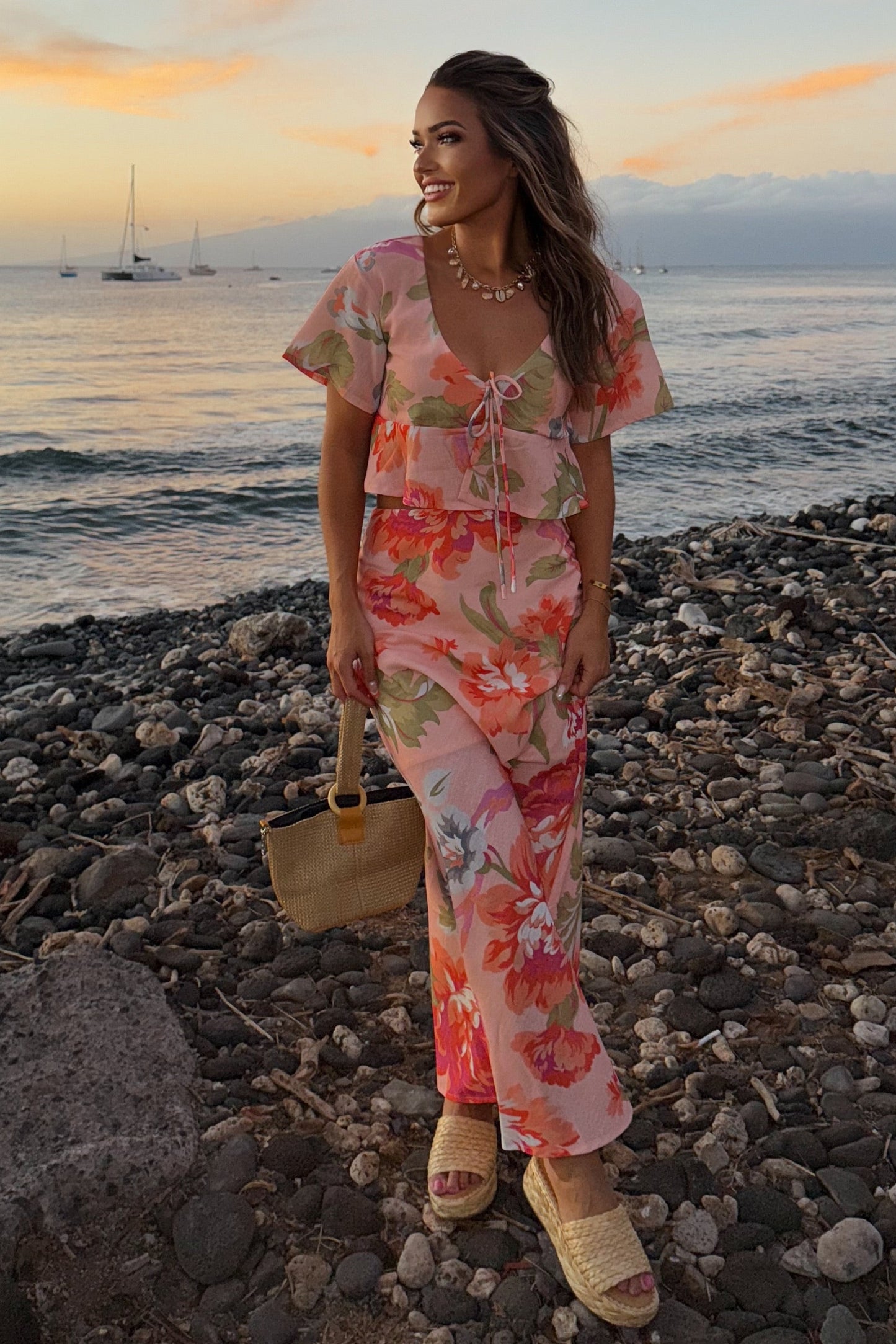 Hawaiian Floral Pink and Coral Maxi Skirt and Tie Top Set