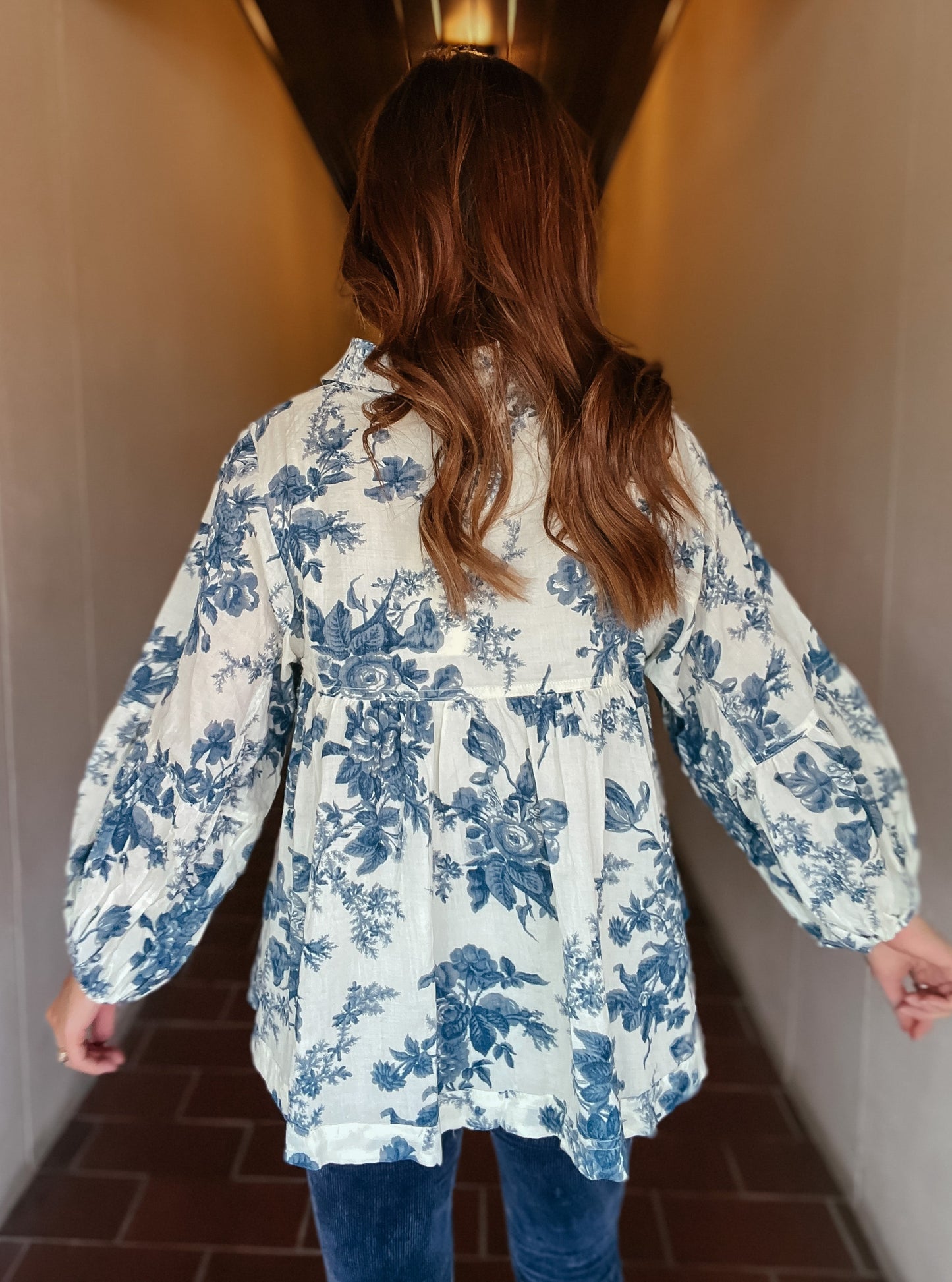 Shaun Floral Cream and Blue Puff Sleeve Top