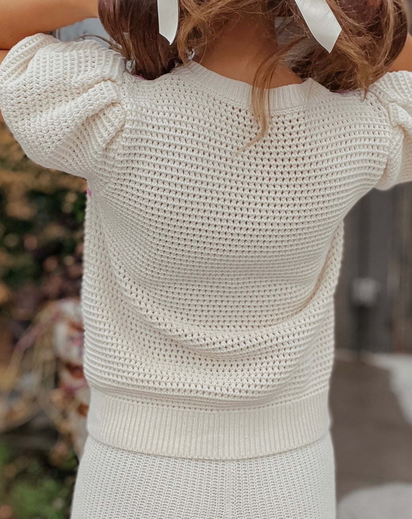 Casey Embroidery Heart Knit Puff Sleeve Sweater Top