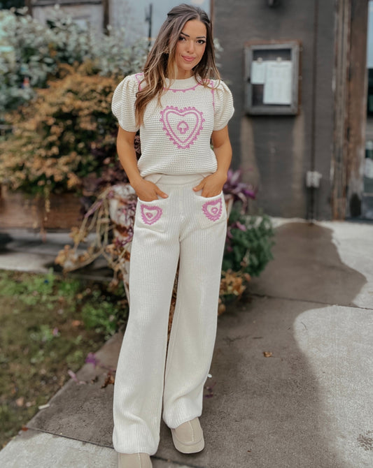 Cara Embroidery Knit Sweater Wide Leg Pants