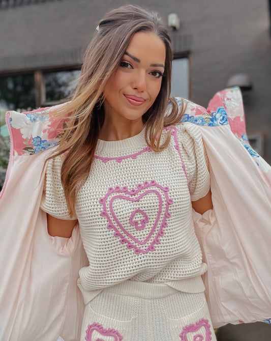 Casey Embroidery Heart Knit Puff Sleeve Sweater Top