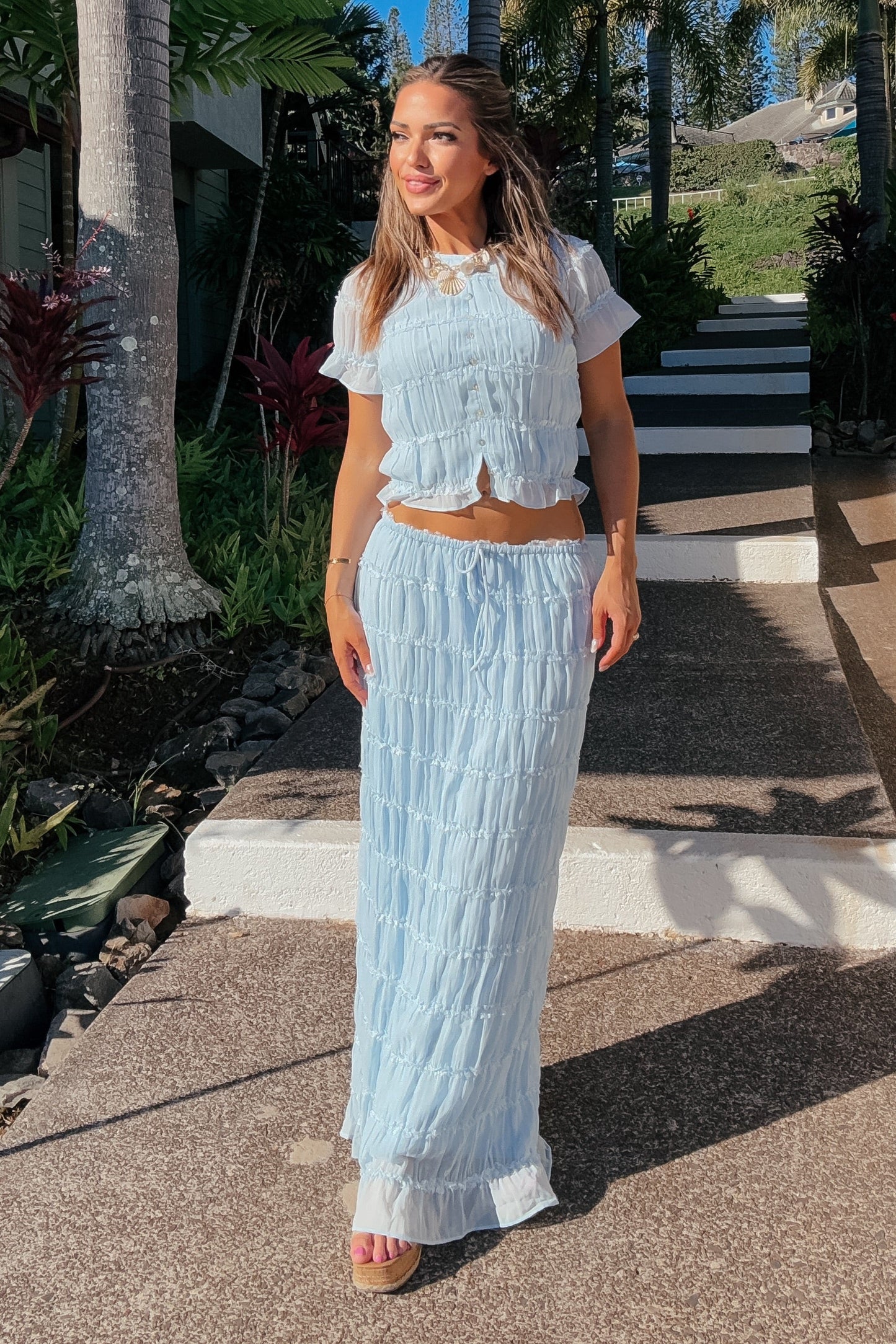 Wavy Baby Blue Ruffle Maxi Skirt Set