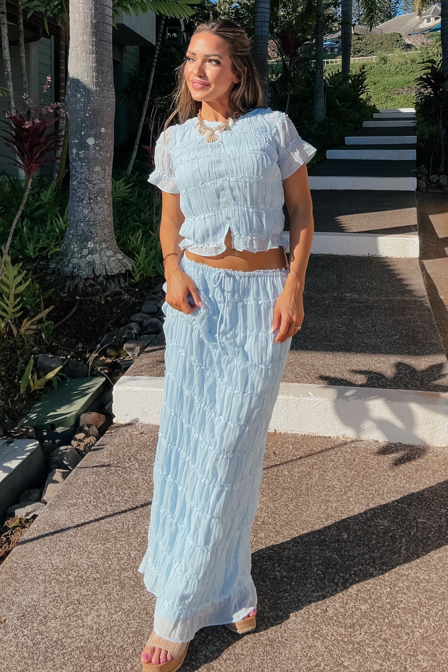 Wavy Baby Blue Ruffle Maxi Skirt Set