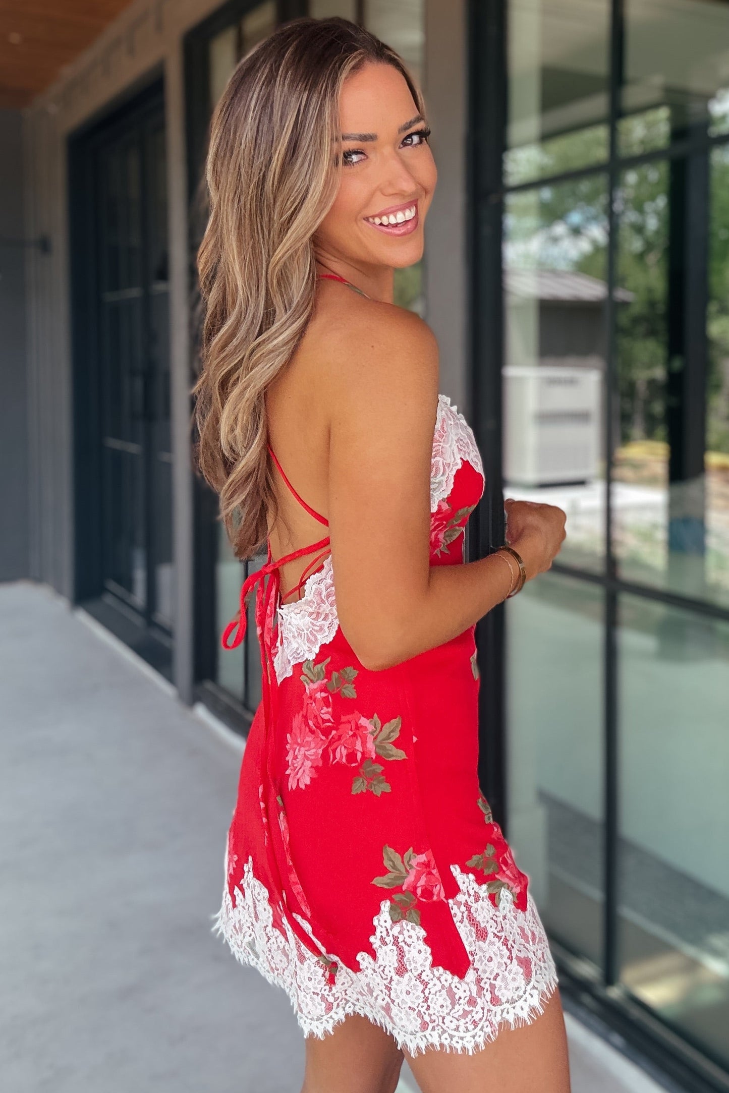 Jordan Red Floral Lace Mini Dress